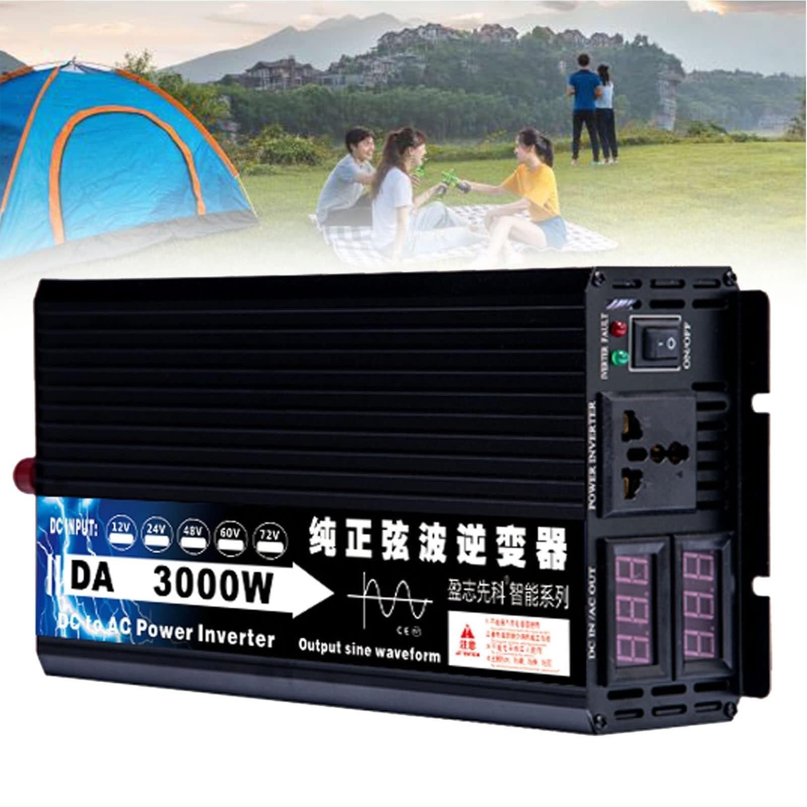 Inverter 3000W 4000W 5000W Pure Sine Wave Power Inverter DC 12V 24V 24V 48V 60V 72V to AC 110V 220V 230V Digital Display + Socket, Solar System Solar Panel, for Home/Outdoor/RV/Camping(3000W,12Vto110V