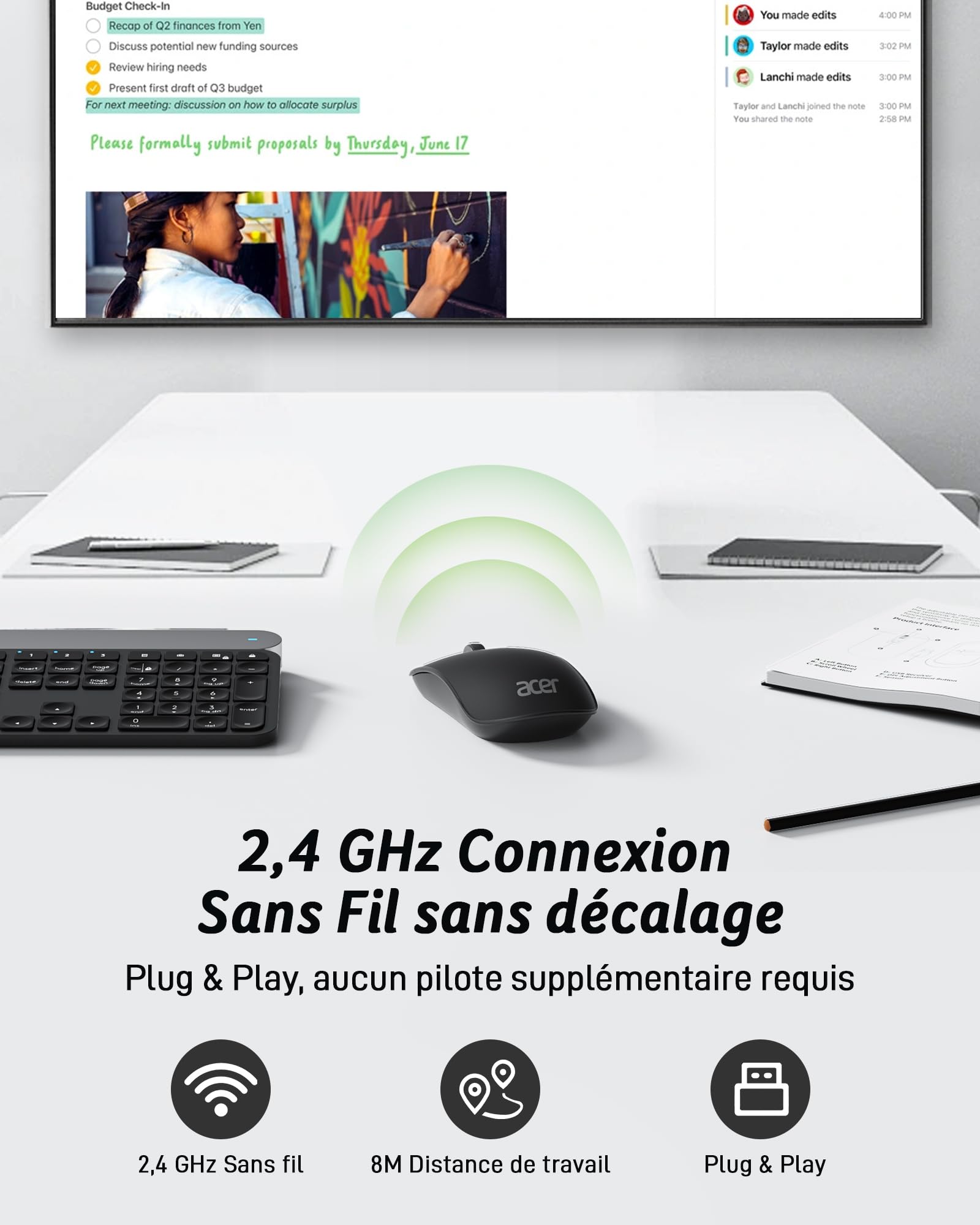Acer Souris sans Fil 2.4GHz Optique 4 Boutons Programmables 1600 PPP Ambidextre Ergonomique USB PC