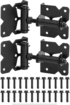 JIAHOO Self-Closing Gate Hinges, Heavy Duty Door Hinges for Wooden/Vinyl/PVC Fences, 90 Degree Adjustable Gate Hinge Hardware Kit with Spring Adjuster Tool, Black1 Pair-2 Hinges