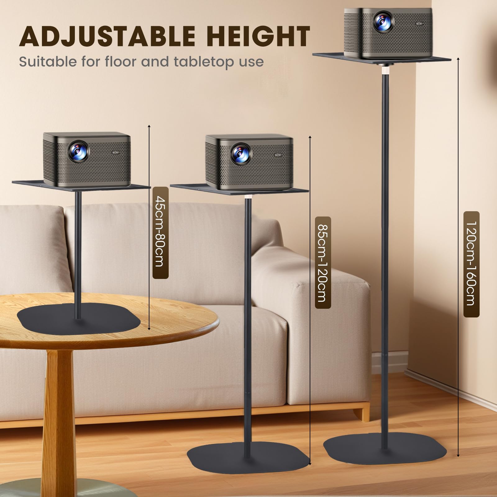Support de projecteur pivotant 360° hauteur réglable 40-155 cm plaque acier carbone