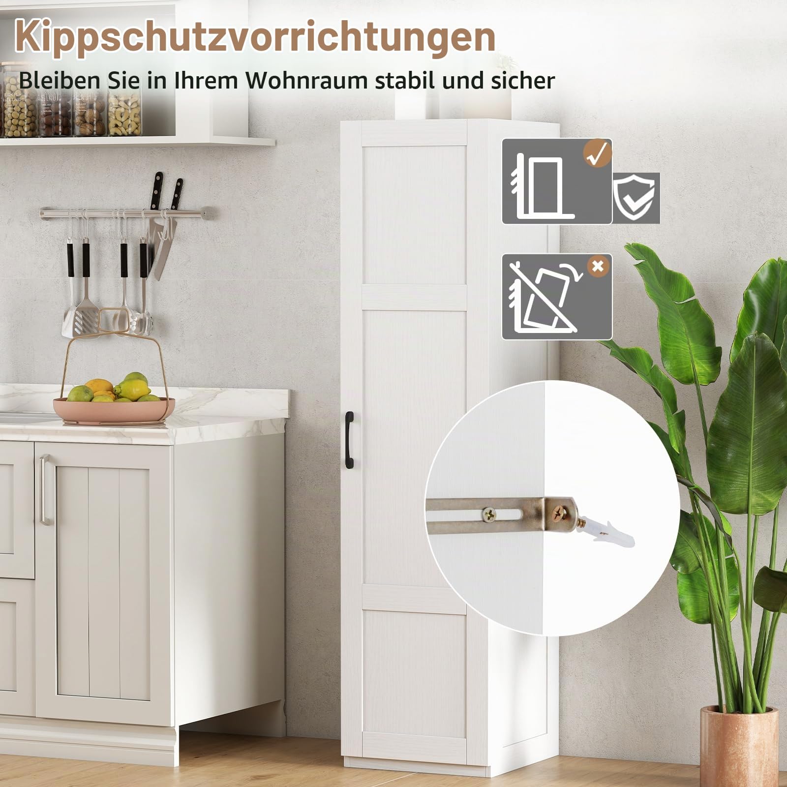 KOMFOTTEU 4 Etagen Hochschrank mit Metallgriff & Kippschutz, Aufbewahrungsschrank mit Einer Tür, Mehrzweckschrank schmal, Küchenschrank für Esszimmer, Küche, Badezimmer, 37,5 x 40 x 150 cm (Weiß)