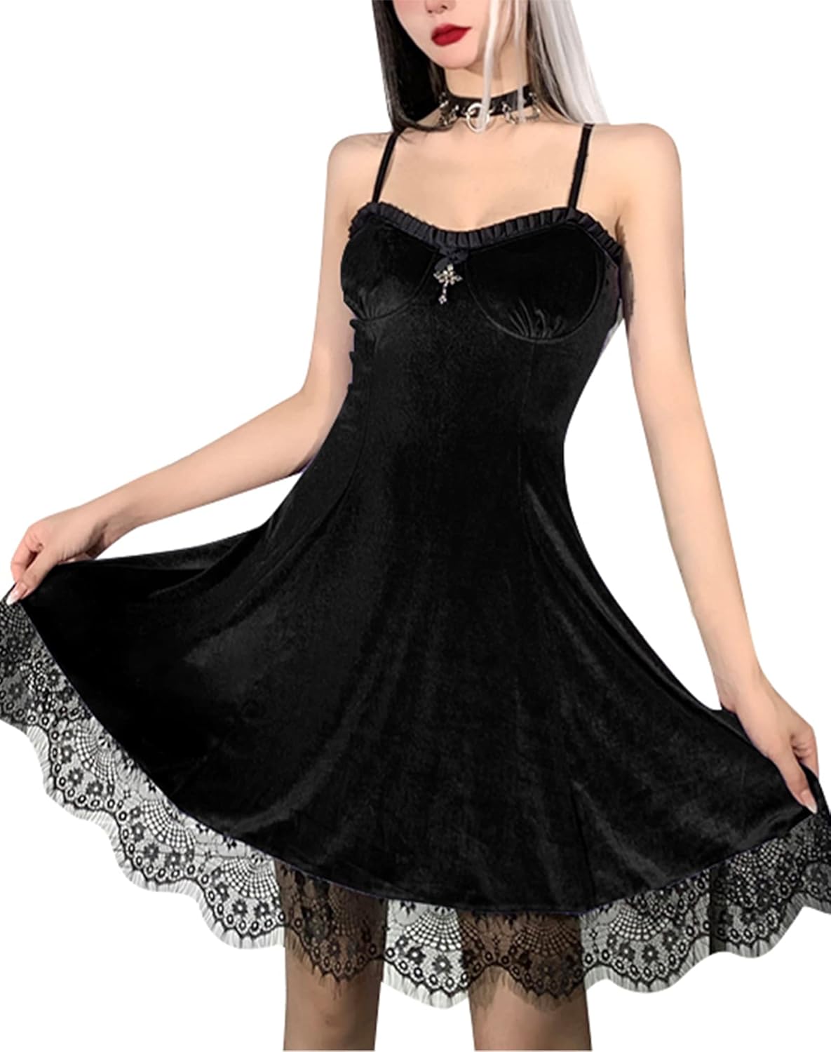 TSMNZMU Womens Gothic Velvet Dress Sleeveless Lolita Fairy Dresses Vintage Witchy Camisole Dress Grunge Harajuku Lace Dress - Image 2