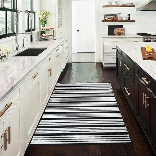 Miniatura 3 de CAINANEL Alfombra de exterior a rayas blancas y negras de 27.5 x 43 pulgadas, tapete de algodón tejido a mano para interiores y exteriores