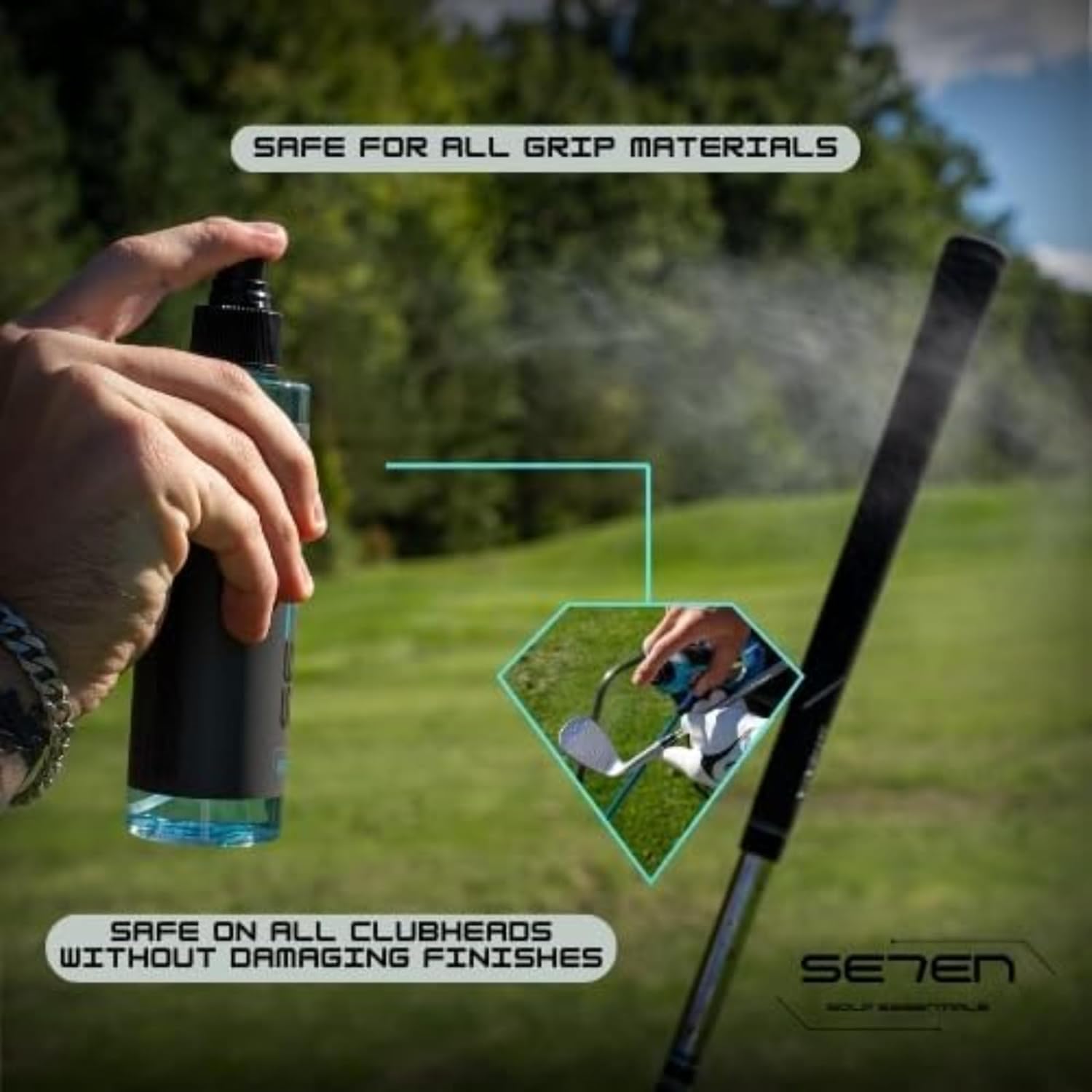SE7EN EliteClean Golf Grip Cleaner Spray - Restores Tackiness & Control, Removes Sweat & Dirt, Golf Club Grip & Pickleball Paddle Cleaner, Safe for Sports Equipment, Includes Microfiber Towel