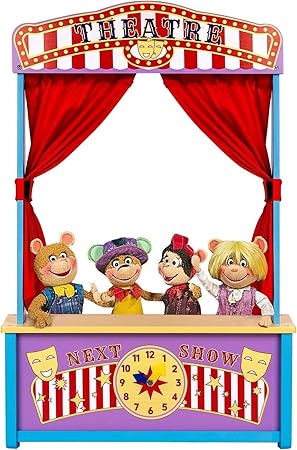 Wooden Puppet Theater, Puppet Theater with Curtains for Tabletop Drama Performance, Role-Playing,Great for Shows, Events, Education and Pretend Play, Portable