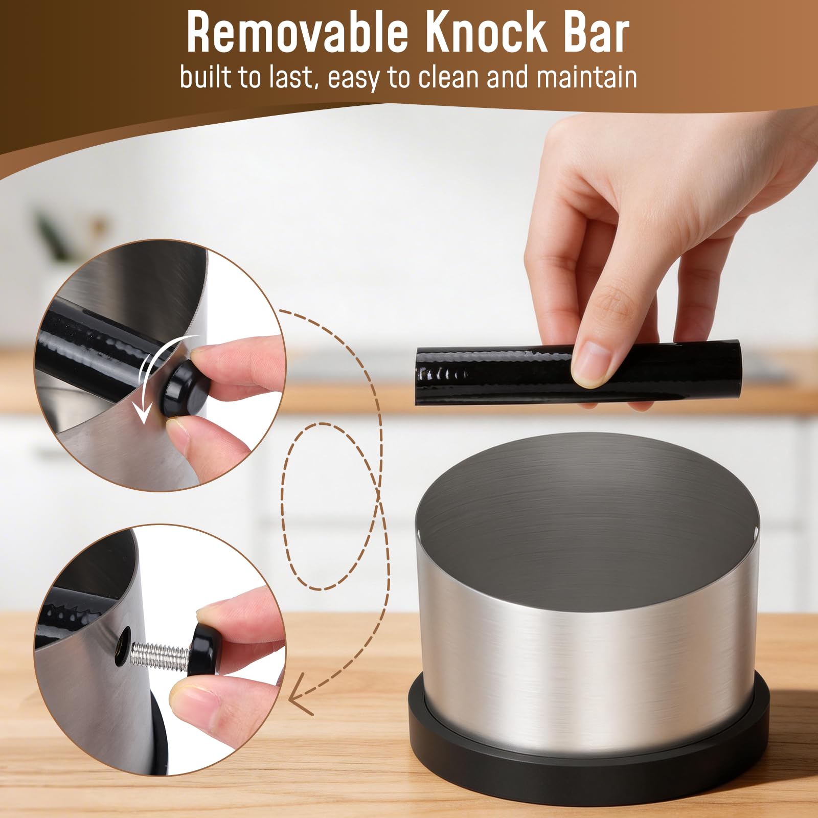 Alyvisun Coffee Knock Box Acero Inoxidable, 650ml Cajon Posos Cafe con 2 Pinceles, Recipiente para Posos de Café con Barra Extraíble Antigolpes para Cafeterías, Hogar, Restaurante, Oficina