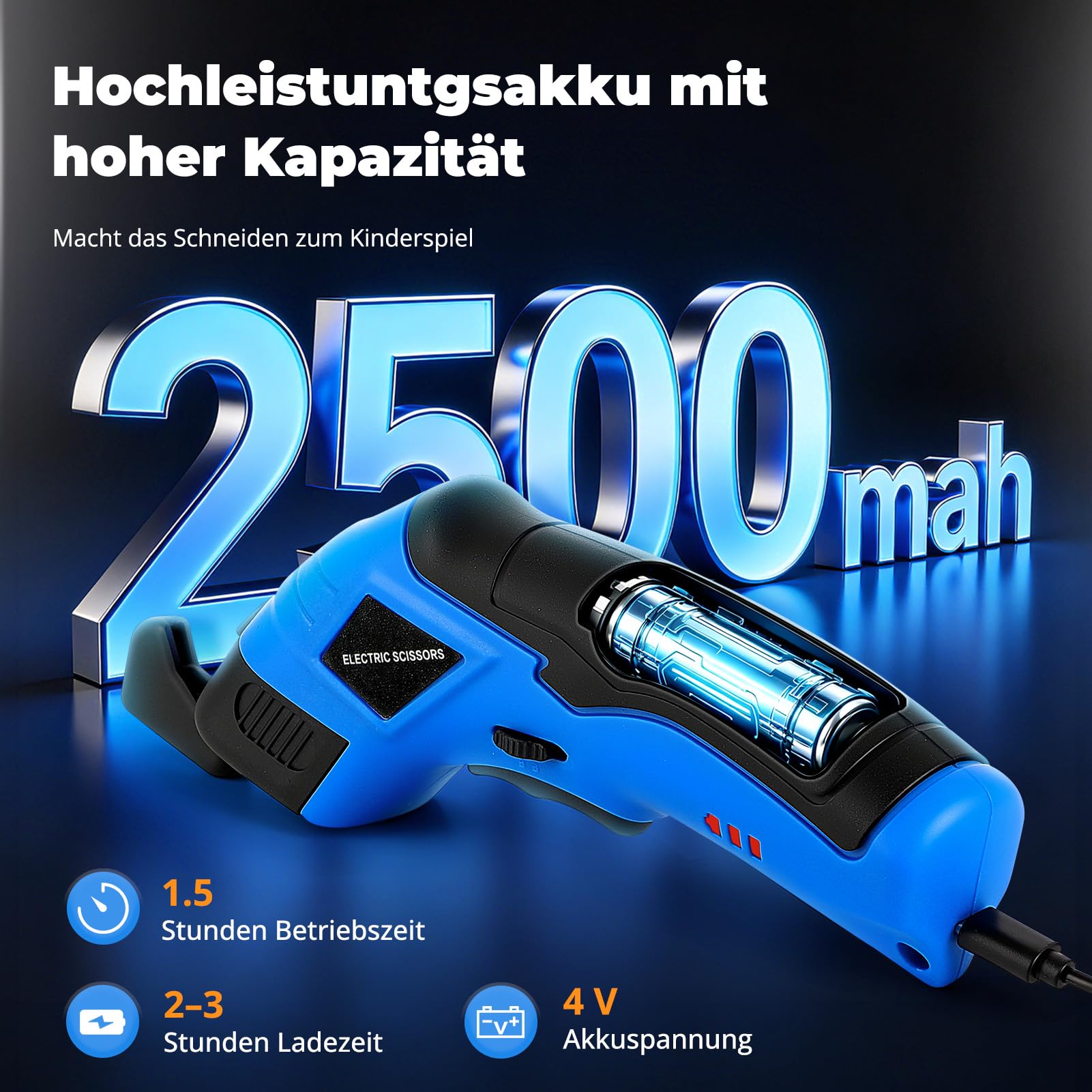 Elektrische Schere Kabelloser Schneider, Wiederaufladbare elektrische Schere, Ausgestattet mit 2 austauschbaren Schneidköpfen für Handwerk zum Schneiden von Karton Leder und Kunststoff Teppich Topfpfl