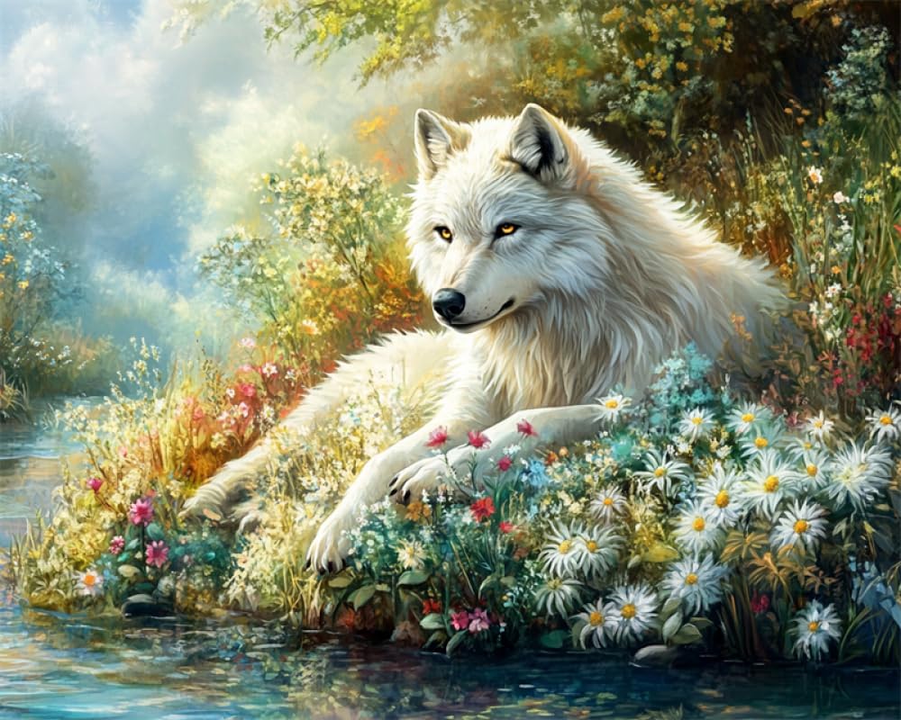 AYAOYANGGO Embroidery Kits for Adults Wolf by The River Animal Oil Painting DIY Cross Stitch Kits,Easy Patterns Embroidery Kits for Adults Beginners Gifts 11CT 40x50cm