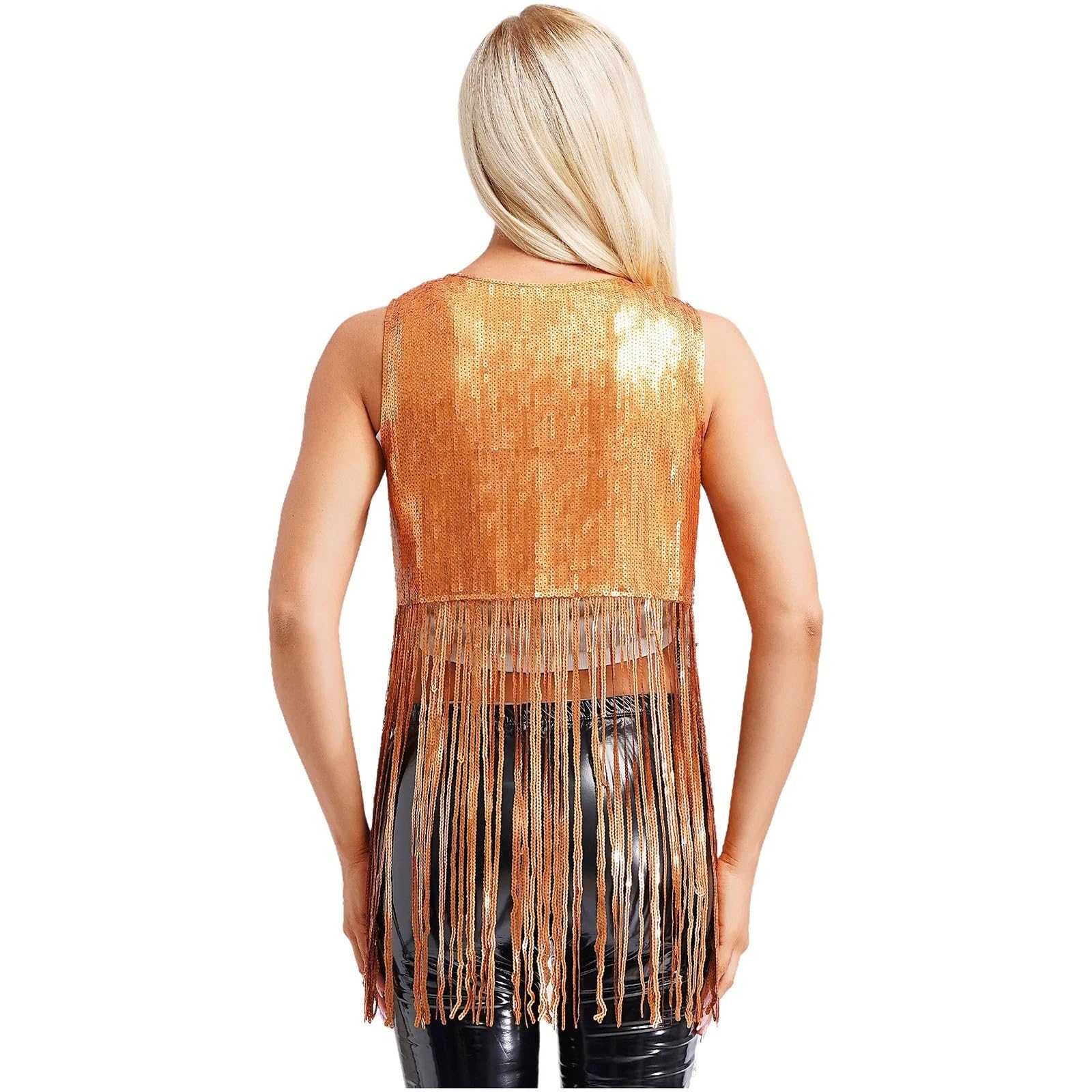 Top a Frangia Moda Donna Paillettes Gilet Top Senza Maniche Luccicanti Paillettes Perline di Plastica Paillettes Aperto sul Davanti Nappe Gilet Festa Club Outfit(Coffee,M)