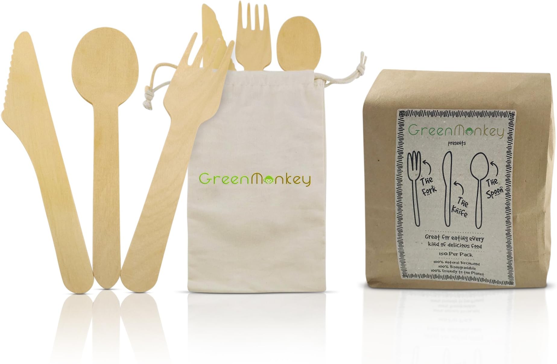 Disposable Eco Friendly Wooden Cutlery Sets By Green Monkey - Zero Plastic Waste & 100% ZERO PLASTIC USED IN OUR PACKAGING