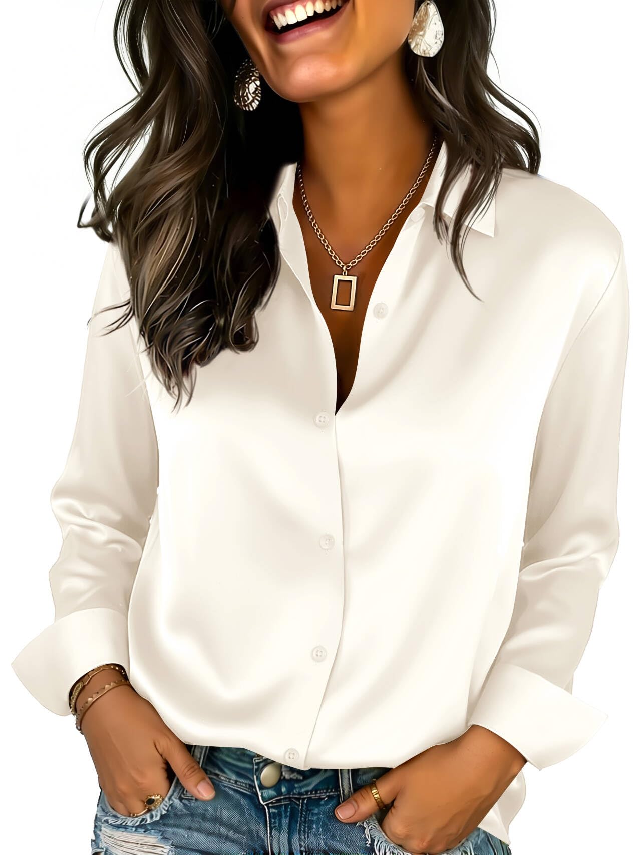 Womens Satin Silk Button Down Shirts Long Sleeve Blouse Casual Work Office Tops