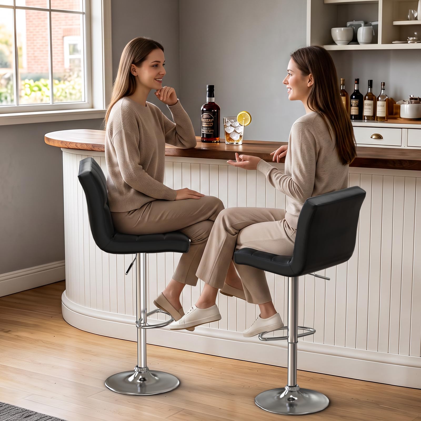Bigzzia Barhocker 2er Set, Barhocker mit Lehne, Höhenverstellbar, PU-Leder Gepolsterter Barstuhl mit Rückenlehne und Fußstütze, 360° Drehbar, für Küche, Theke, Bar, Schwarz