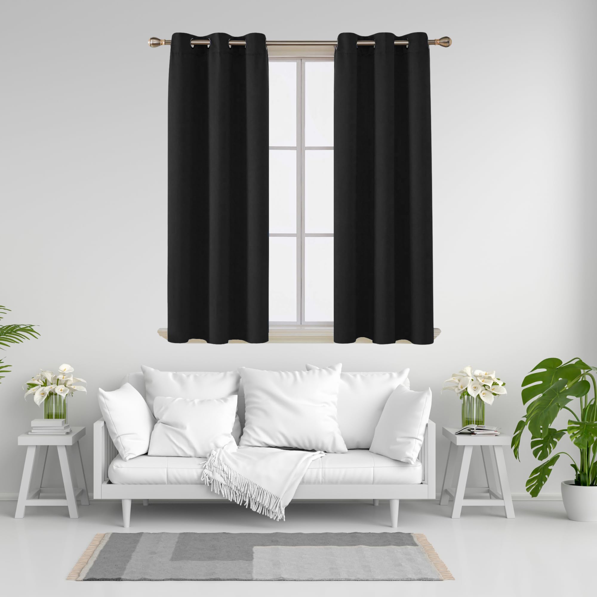 J.Din Blackout Curtains for Bedroom/Living Room, Black out super soft Thermal Insulated curtains & drapes, Ring Top Eyelet Curtain for window, 2 Panels with Tie backs (Black, 46" Wide x 90" Drop)