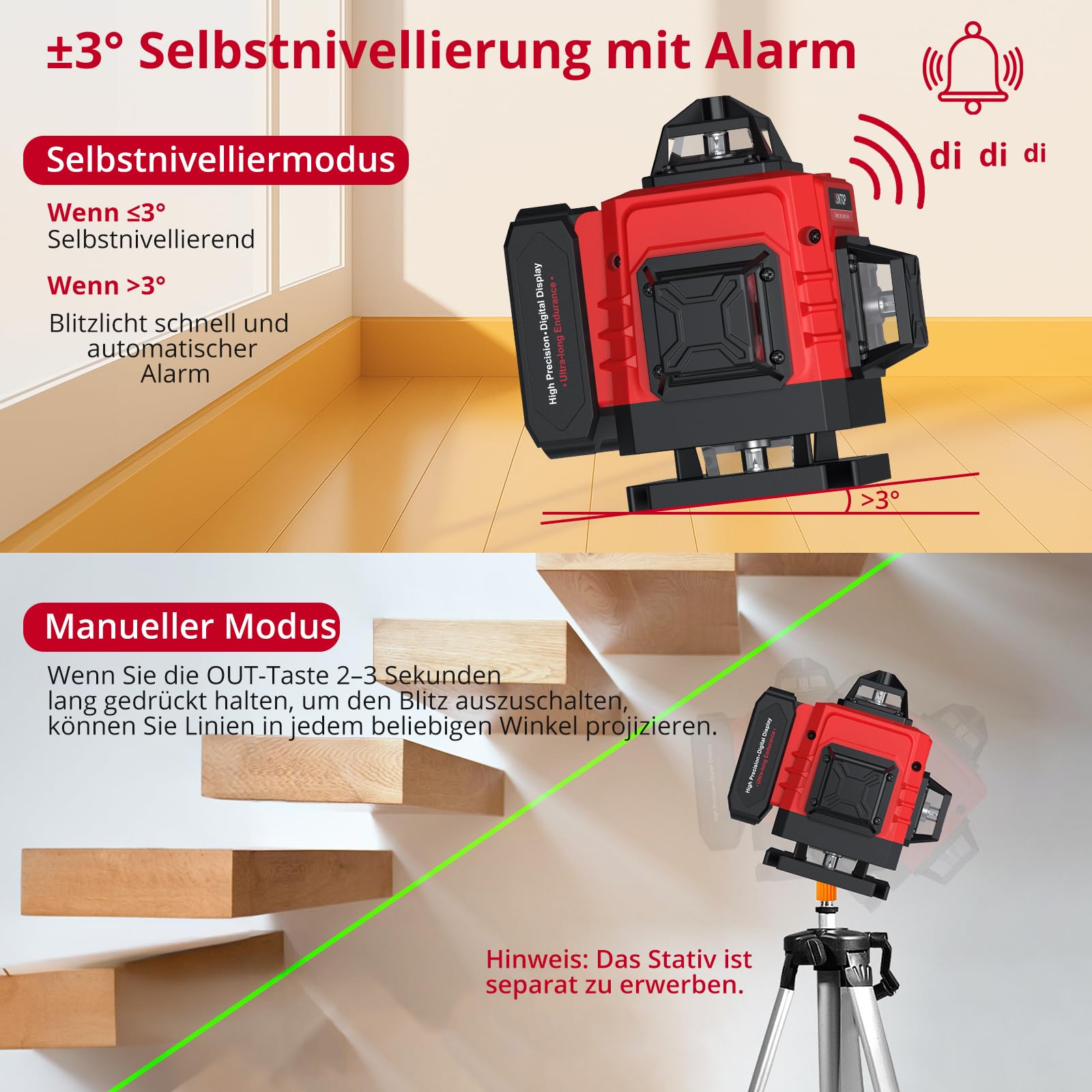 XUNTOP Laser Wasserwaage Selbstnivellierend Kreuzlinienlaser Grün Laser 16 Linienlaser 360° Projektionswinkel IP54 Horizontal/Vertikal Mit Fernbedienung und Wandhalterung für Baustelle Heimwerker