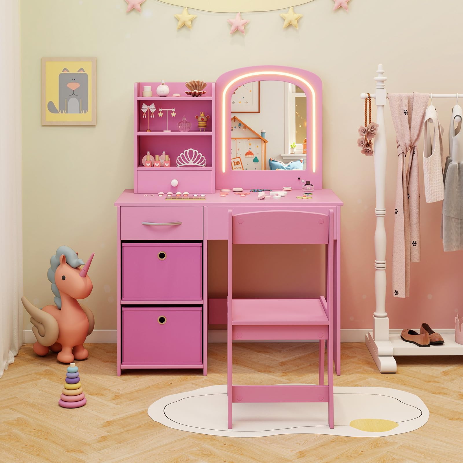COSTWAY Tocador Infantil con Espejo Iluminado, Tocador de Maquillaje Niña con Espejo y Luces, Estantes Abiertos y 5 Cajones de Almacenaje, Mesa y Silla de Princesa para Niñas de 3+ Años (Rosa)