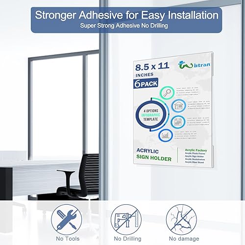 Miniatura 5 de Soporte acrílico para letreros de 8.5 x 11 pulgadas, 8.5 x 11 pulgadas, soporte de pared de plástico transparente con cinta, marco de pared acrílico