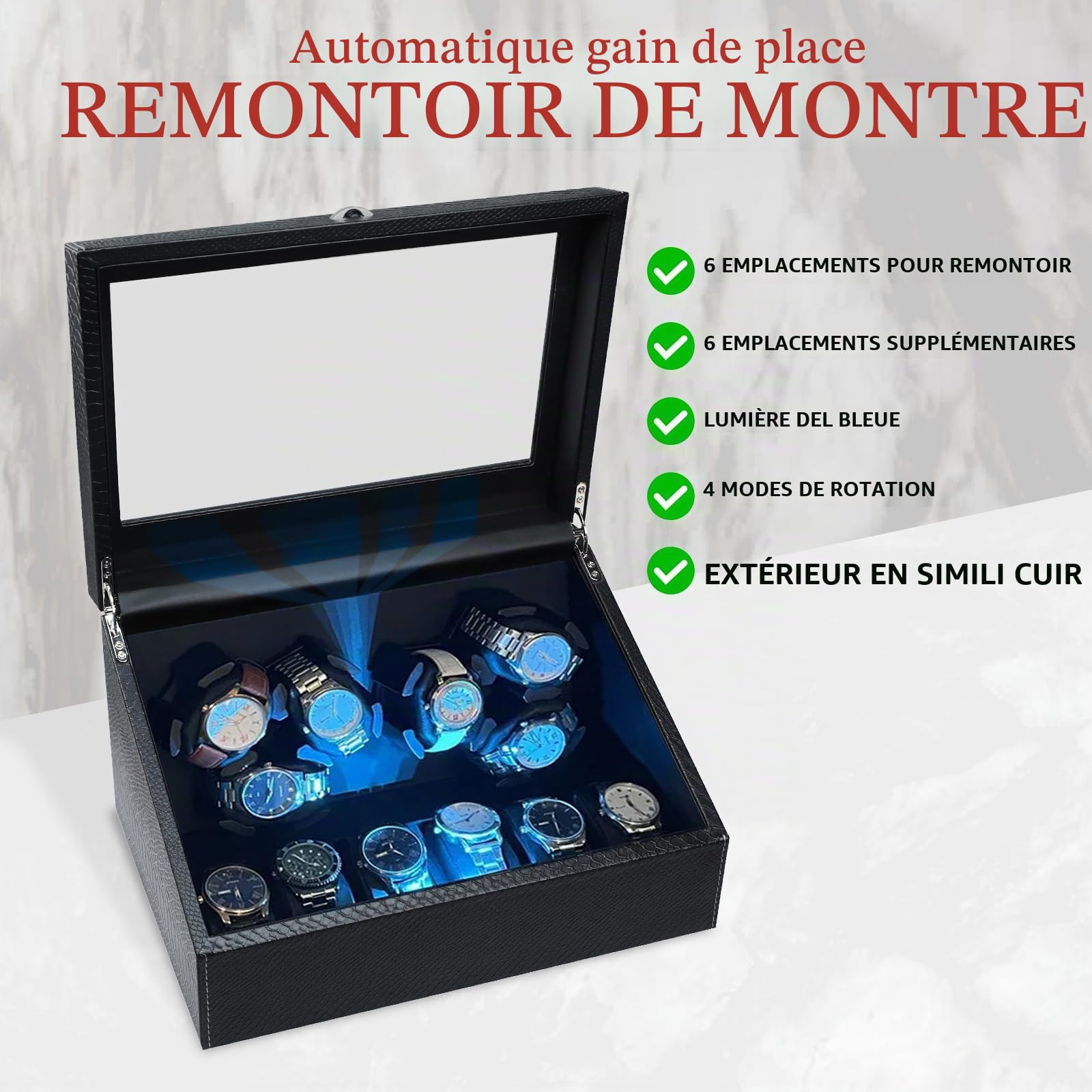 Remontoir Montre Automatique, 6 Boite Montre Automatique avec Rétroéclairage LED, Moteur Silencieux, Plusieurs Modes de Rotation, Remontoire Montre Automatic Technologie Intelligente d'Arrêt