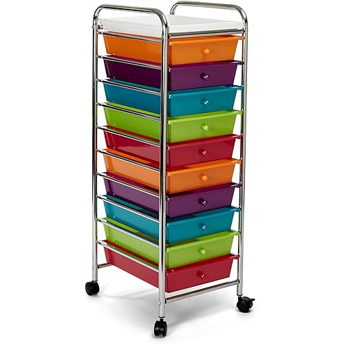 Seville Classics 10-Drawer Multipurpose Mobile Rolling Utility Storage Organizer with Tray Cart, Multicolor (Pearl)