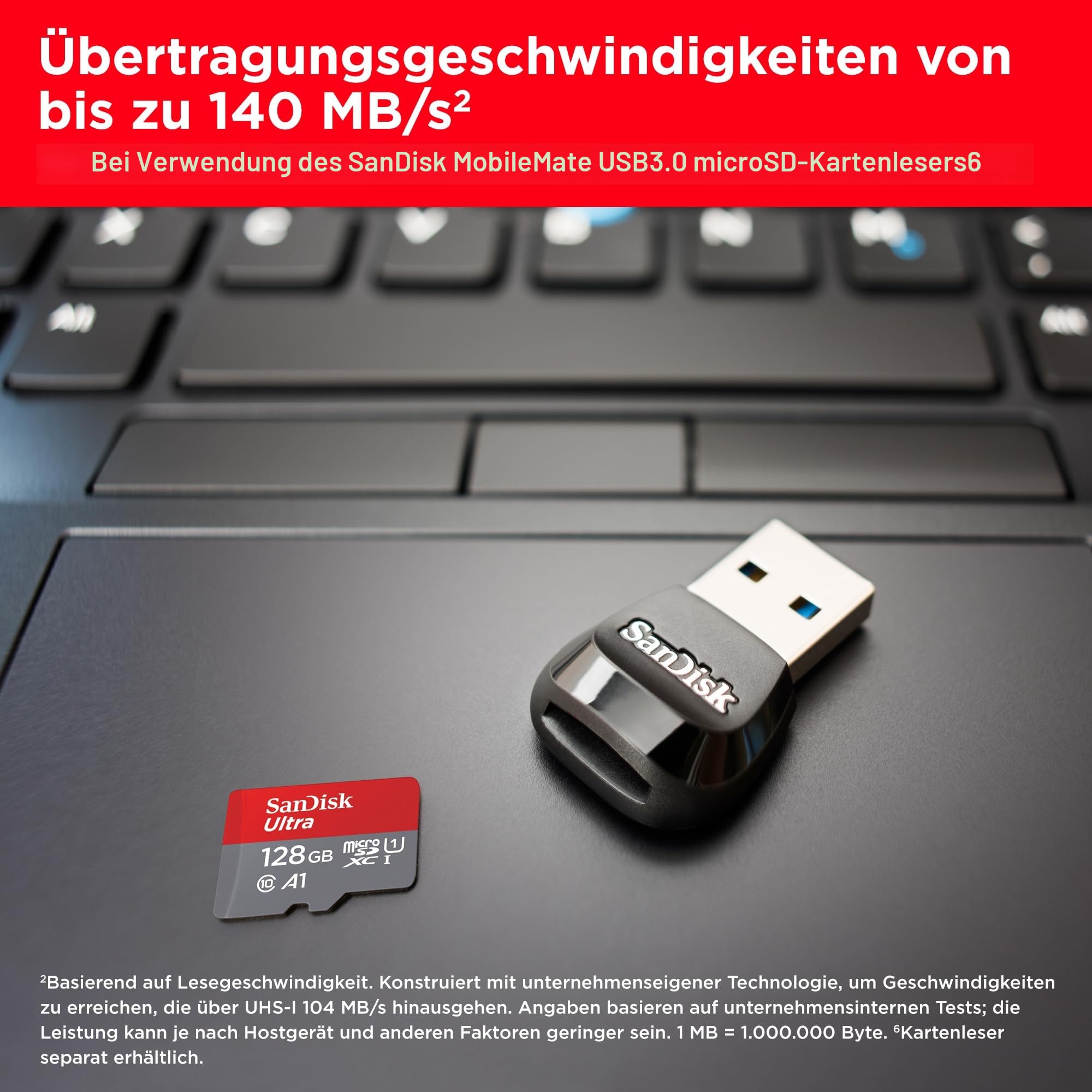 SanDisk Ultra Android microSDXC UHS-I Speicherkarte 128 GB + Adapter (Für Smartphones und Tablets, A1, Class 10, U1, Full HD-Videos, bis zu 140 MB/s Lesegeschwindigkeit) single Pack