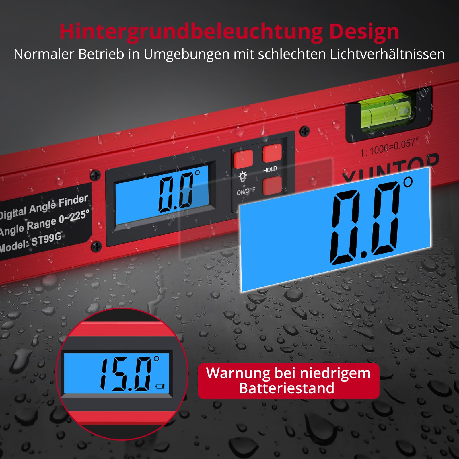 XUNTOP Digital Winkellineal Horizontale Winkelmesslehre 225° Winkelmessgerät Aluminiumlegierung mit LCD-Anzeige Winkel Anzeige für Tischlerei, Bauwesen, Heimwerken usw