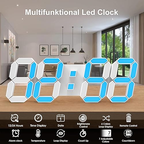 Vista 26 de Alarma digital LED, reloj de pared 3D, atenuación automática, 12/24 horas, fecha, temperatura, decoración del hogar, control remoto, repetición