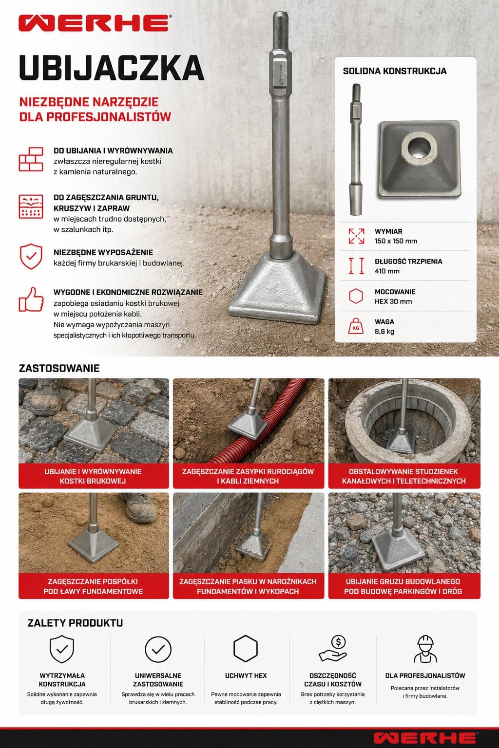 WERHE płyta ubijająca HEX30 do młota wyburzeniowego, 150x150 mm | stal, wysokość 410 mm, waga 8,6 kg, kwadratowa płyta, równomierne zagęszczanie, do kostki brukowej i fundamentów