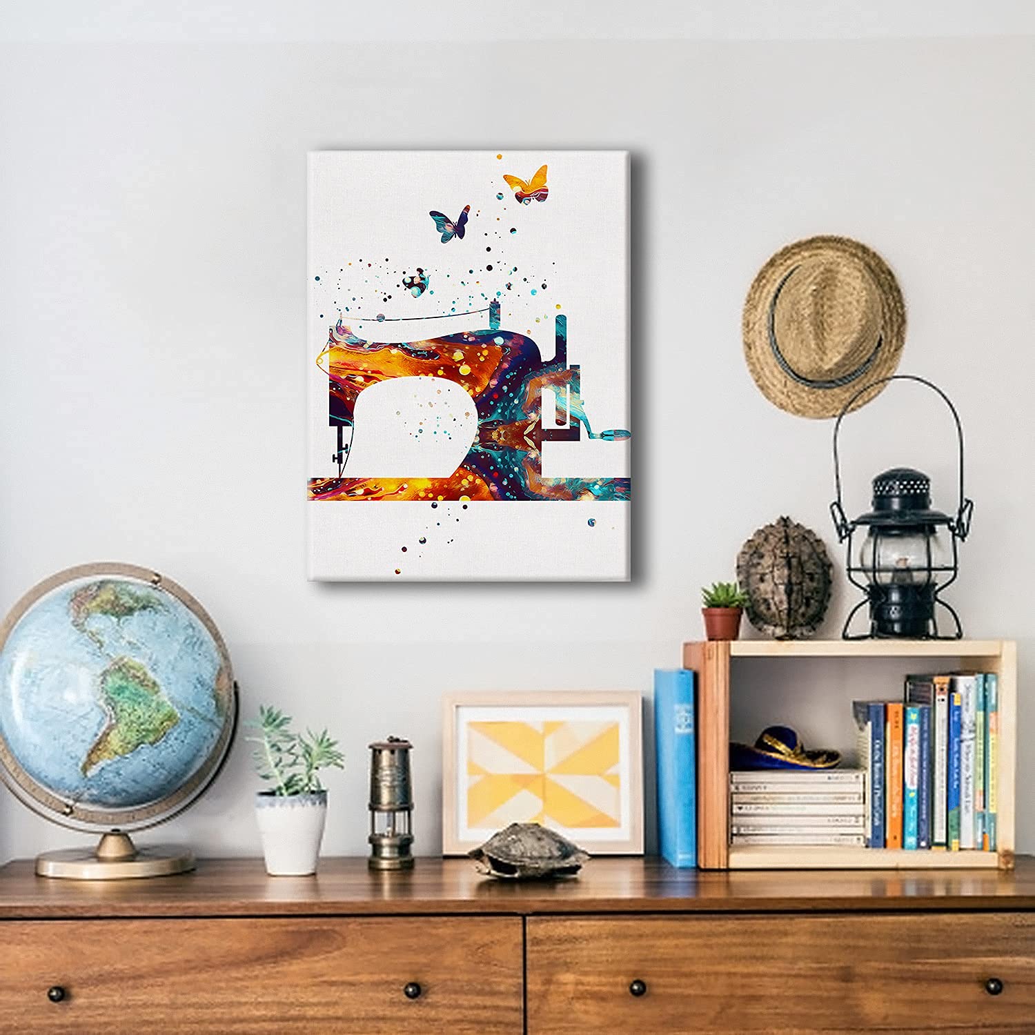 Hijie Sewing Machine Watercolor Poster Canvas Wall Art for Home/Office/Sewing Room Decor - Tailor Canvas Print Wall Art Painting Ready to Hang Seamstress Gifts - Easel & Hanging Hook 12x15 Inch 3