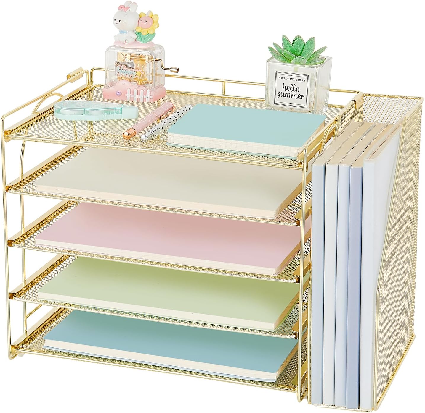 AUPSEN Gold Desk Organizers and Accessories, 5-Tier Desktop Paper File Organizer with Removable File Holder, Desk Accessories & Workspace Organization for Home Office Supplies (Gold)
