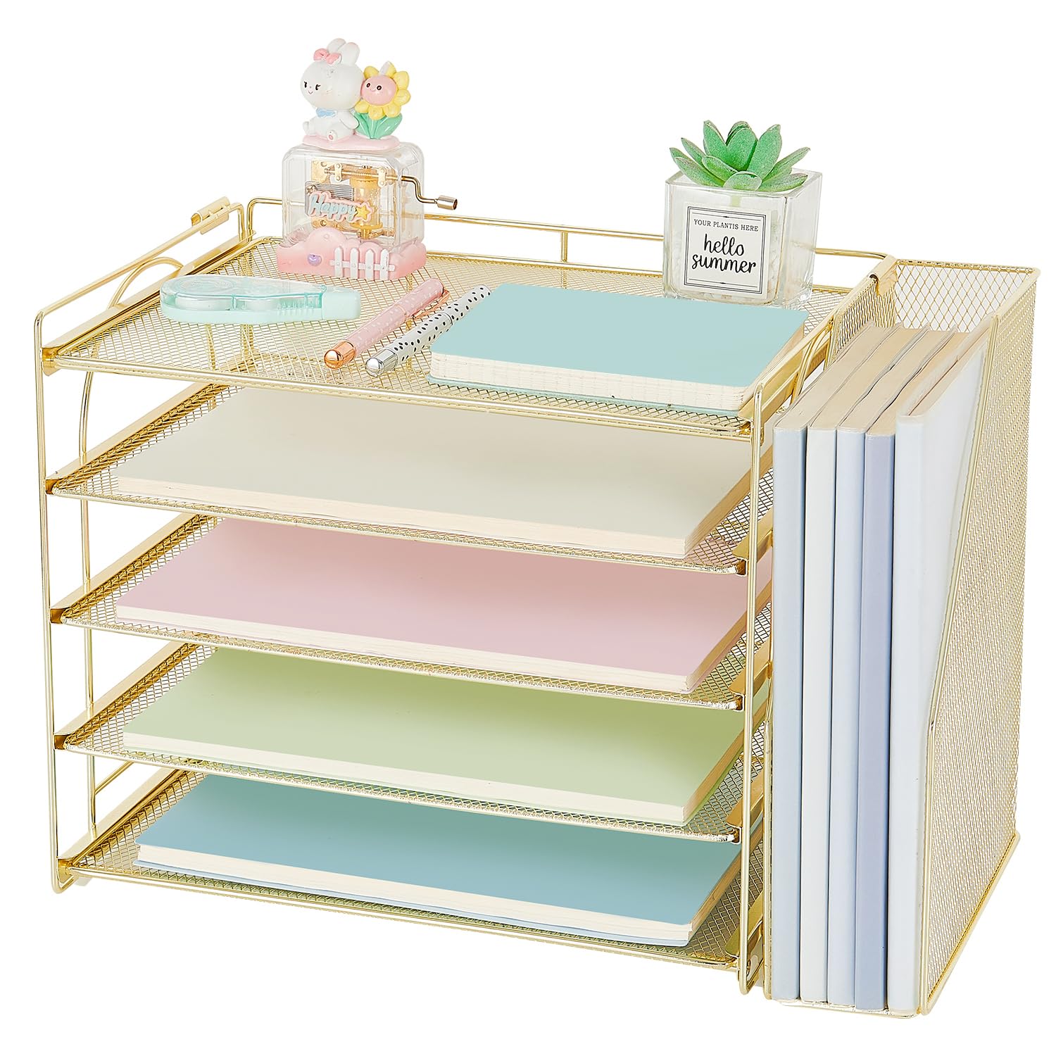 AUPSEN Gold Desk Accessories Organizer,5-Tier Letter Tray Paper Organizer with Adjustable File Holder, Desktop Office Desk Accessories for Office