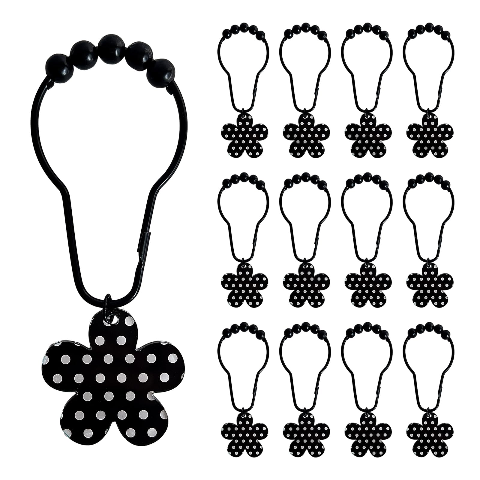 Black Flower Shower Curtain Hooks 12 Pcs, Resin Flower Rust Proof Shower Curtain Rings for Bathroom, Metal Decorative Shower Curtain Hangers Bathroom Accessories (Dot)