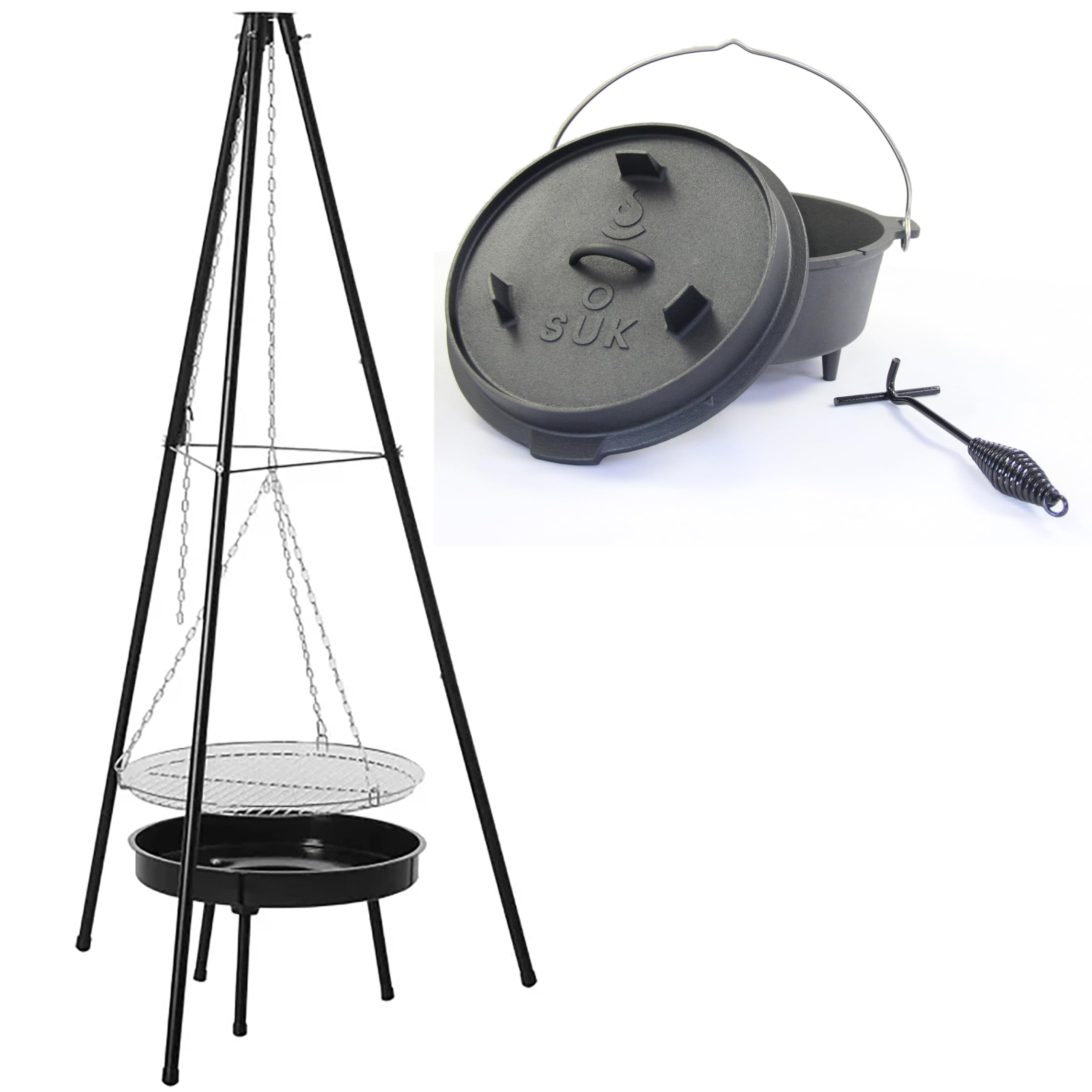 Grill Dreibein Schwenkgrill inkl. Gusstopf Dutch Oven, Grillgestell mit Kette, 150 cm hoch, inkl. 46cm Grillrost, inkl. 50 cm Feuerschale, Holzkohlegrill (Schwenkgrill inkl. 9L Gusstopf)