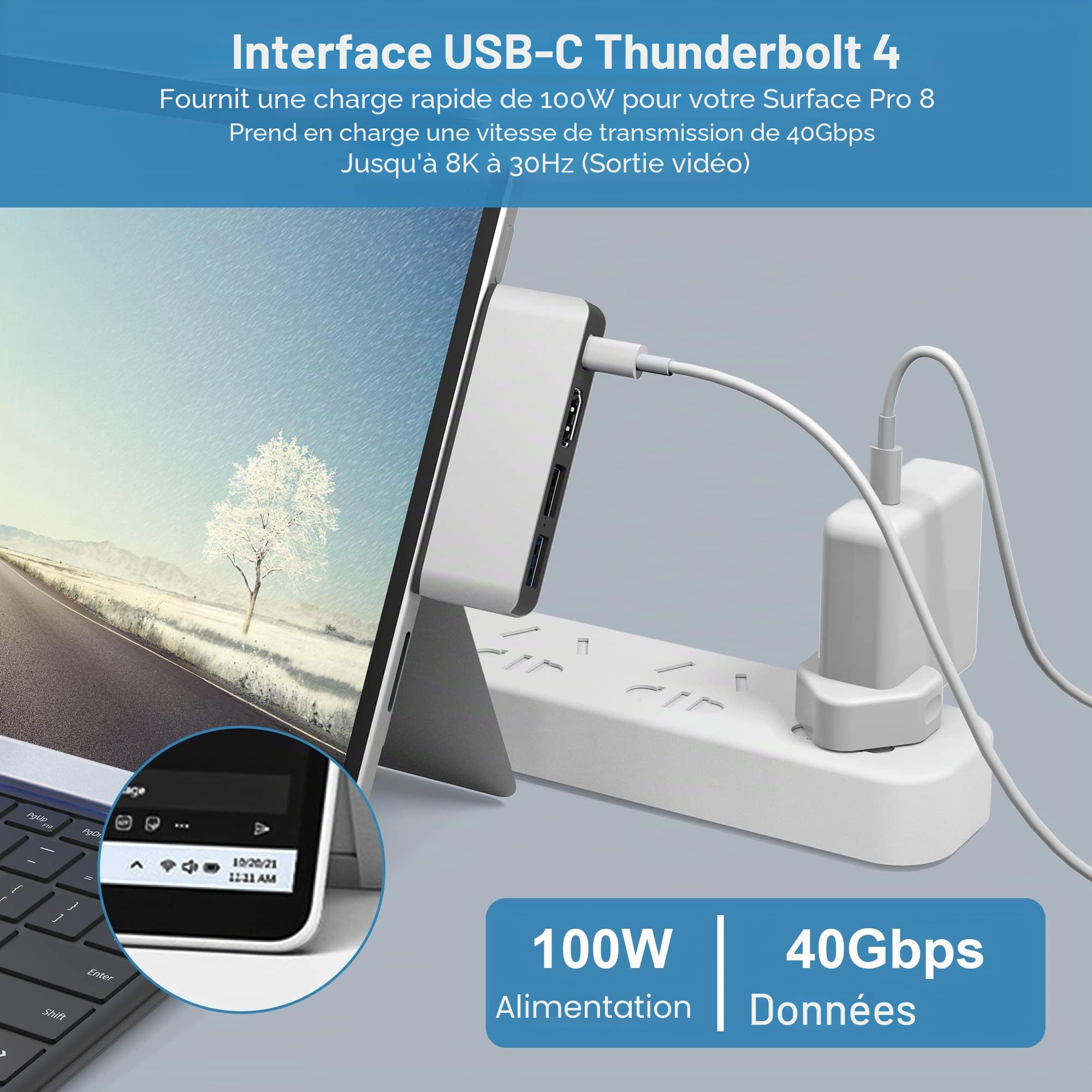 Surface Pro 8 USB C Hub Adaptateur avec 4K HDMI, USB-C Thunderbolt 4 (Display+PD Charging+Data), USB 3.0, USB 2.0, TF Card Slot, Docking Station Dual Monitor (HDMI+USB C) pour Surface Pro 8
