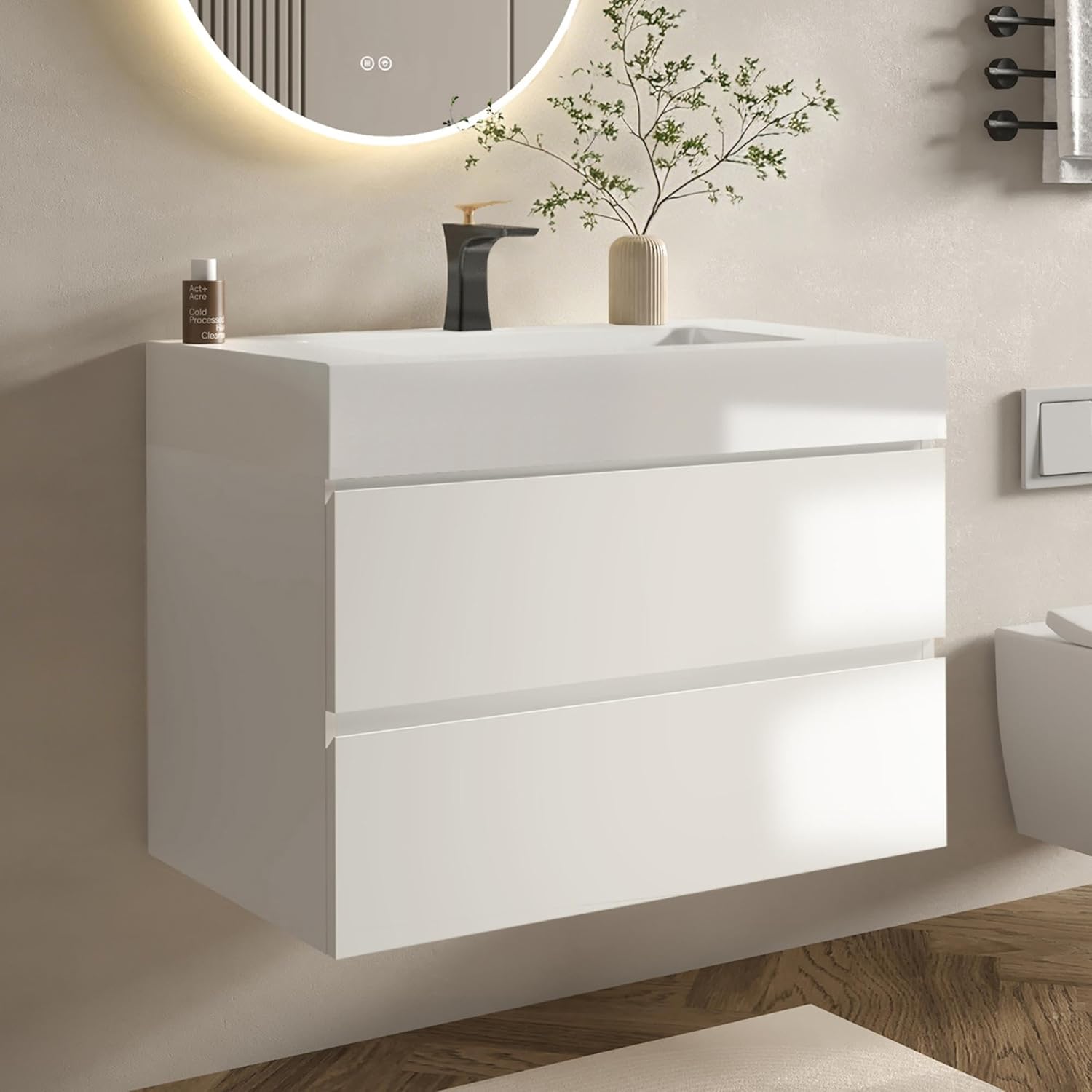 Alice 30Inch Modern Bathroom Vanity (White Glossy, Rectangular) with Sink and Overflow, Floating Wall Mounted Storage Cabinet, One-Piece Basin, E1 Environmental Protection Board