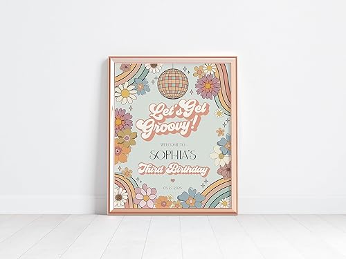Miniatura 2 de Groovy - Póster floral de bienvenida de cumpleaños, retro de los años 70, Groovy Girl Hippie, bohemio, quinto cumpleaños, decoración floral de
