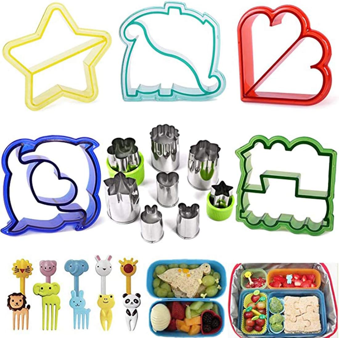 DELFINO Sandwich Cutters Set, DELFINO 23Pcs for Children Vegetables Fruits Cutter 5Pcs Sandwich Cutters Dinosaur Dolphin Train Stars Heart Shapes, 8Pcs Stainless Steel Cutters and 10Pcs Food Kid Fork