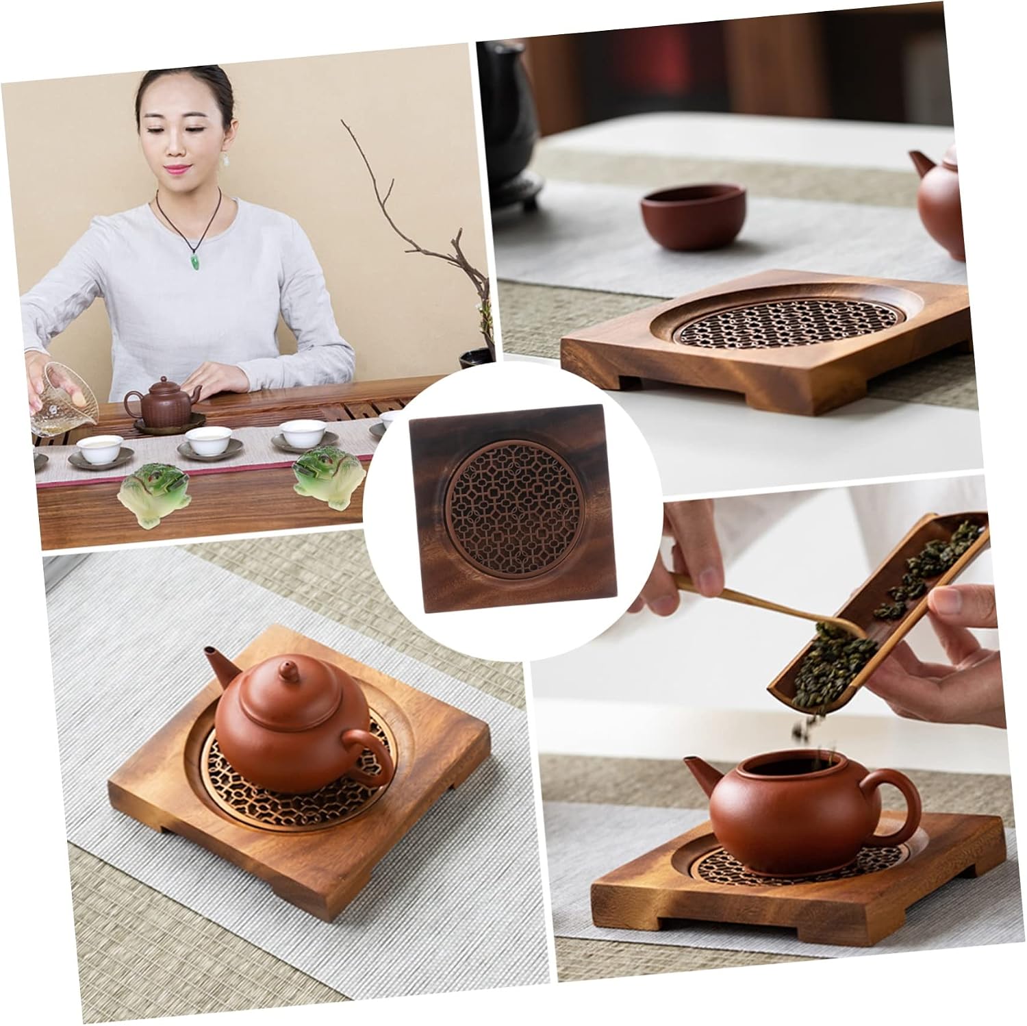 Wooden Tea Pot Tray Heat Resistant Coaster for Hotels Bars Khaki