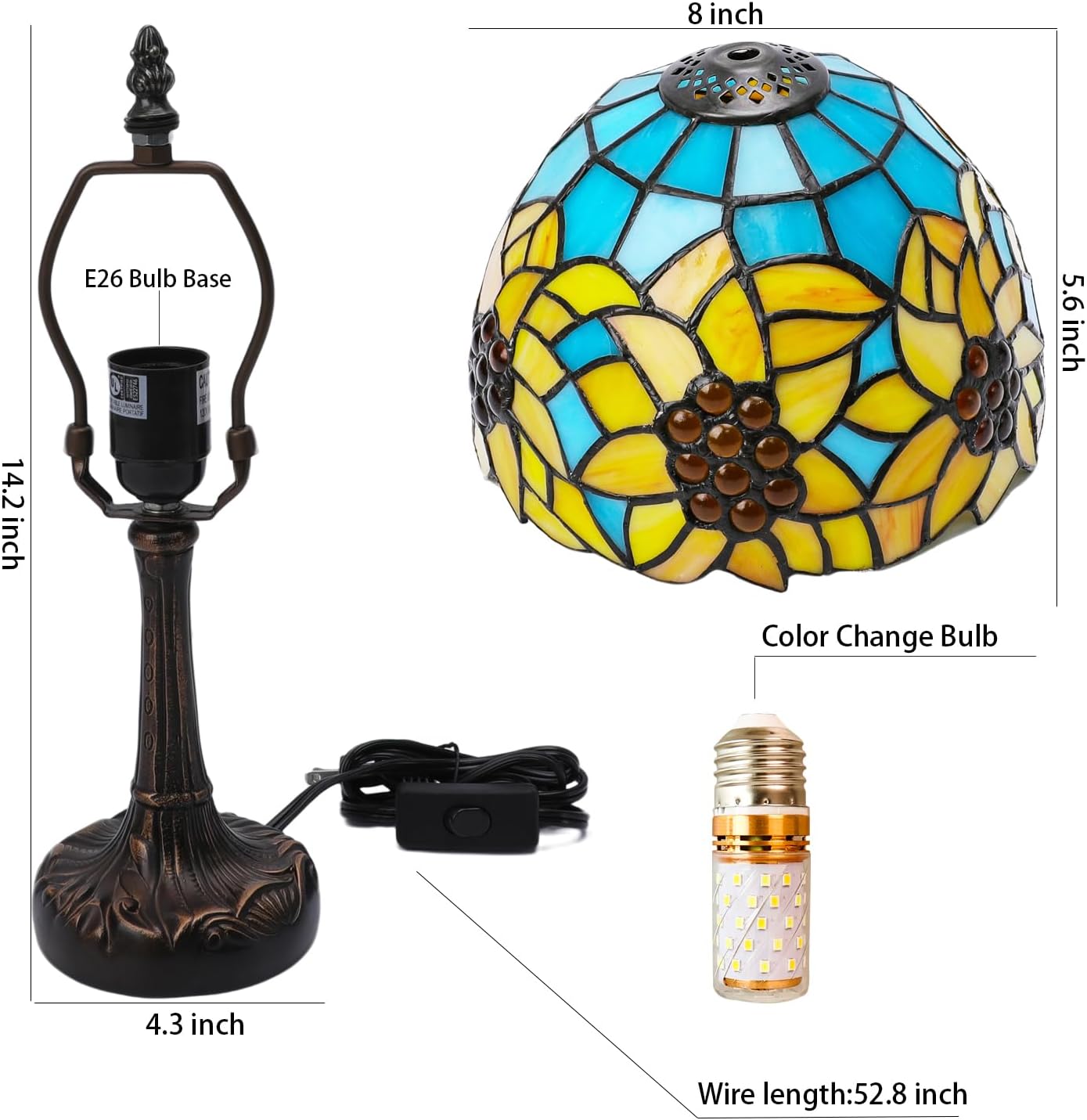 Stained Glass Bedside Table Lamp, Sunflower Style Lampshade & Antique Leaf-Patterned Relief Base Desk Reading Light Decor for Bedroom Living Room Office(Include 3 Color Temperatures Bulb)