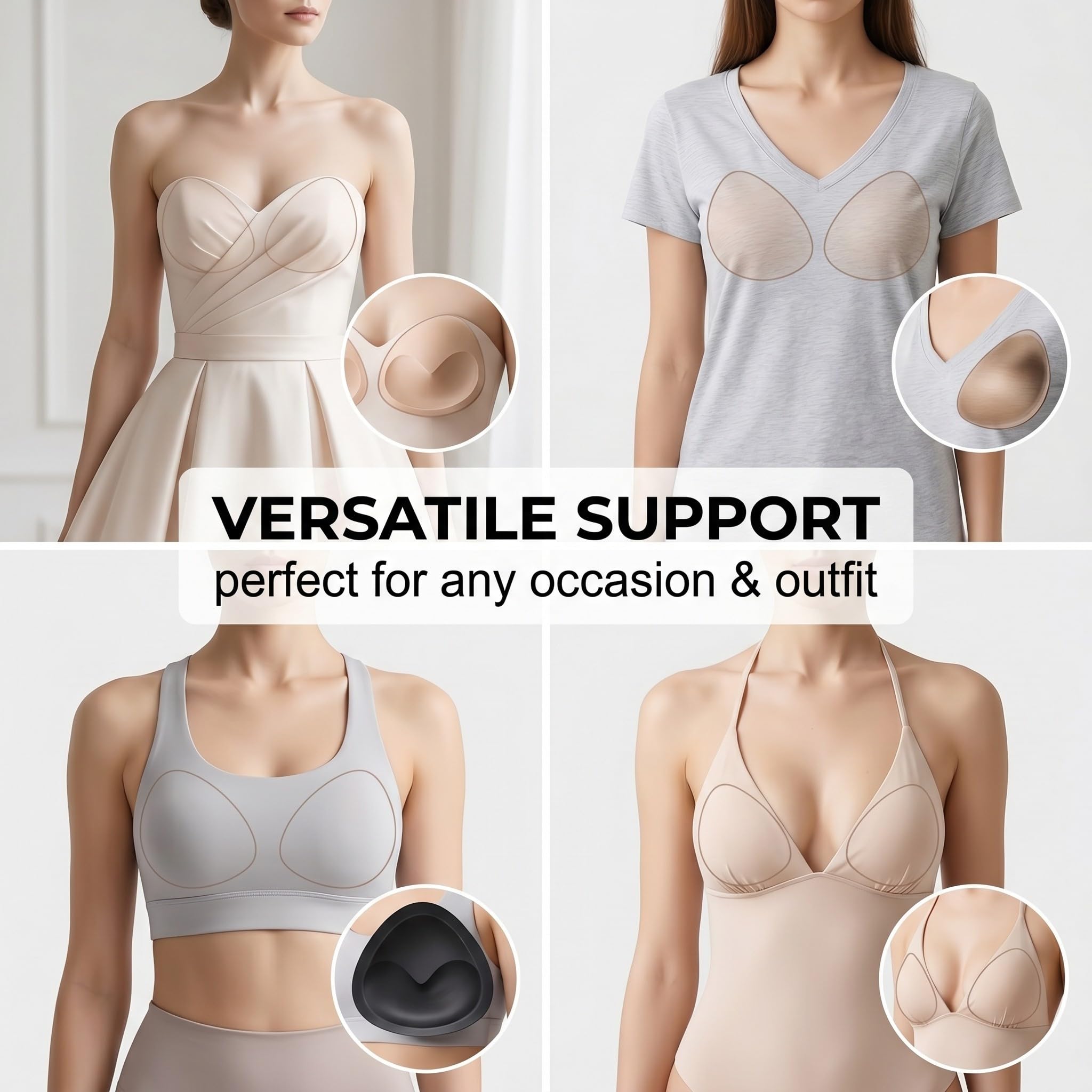 4 Paia Di Coppe Adesive Push Up Per Seno: Imbottitura Reggiseno Autoadesiva Invisibile, Set Con Forma A Cuore E Triangolo, Colori Nero E Carne – Perfette Per Bikini, Abiti Da Sera E Top Scollati - copertina
