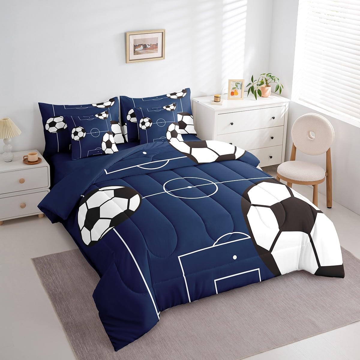 Feelyou Football Bedding Set Twin Size 7 Pieces Kids Soccer Ball Pattern for Boys Girls Teens Sports Theme Football Court Bed in a Bag with Comforter, Sheets, Pillowcases & Cushion Cover