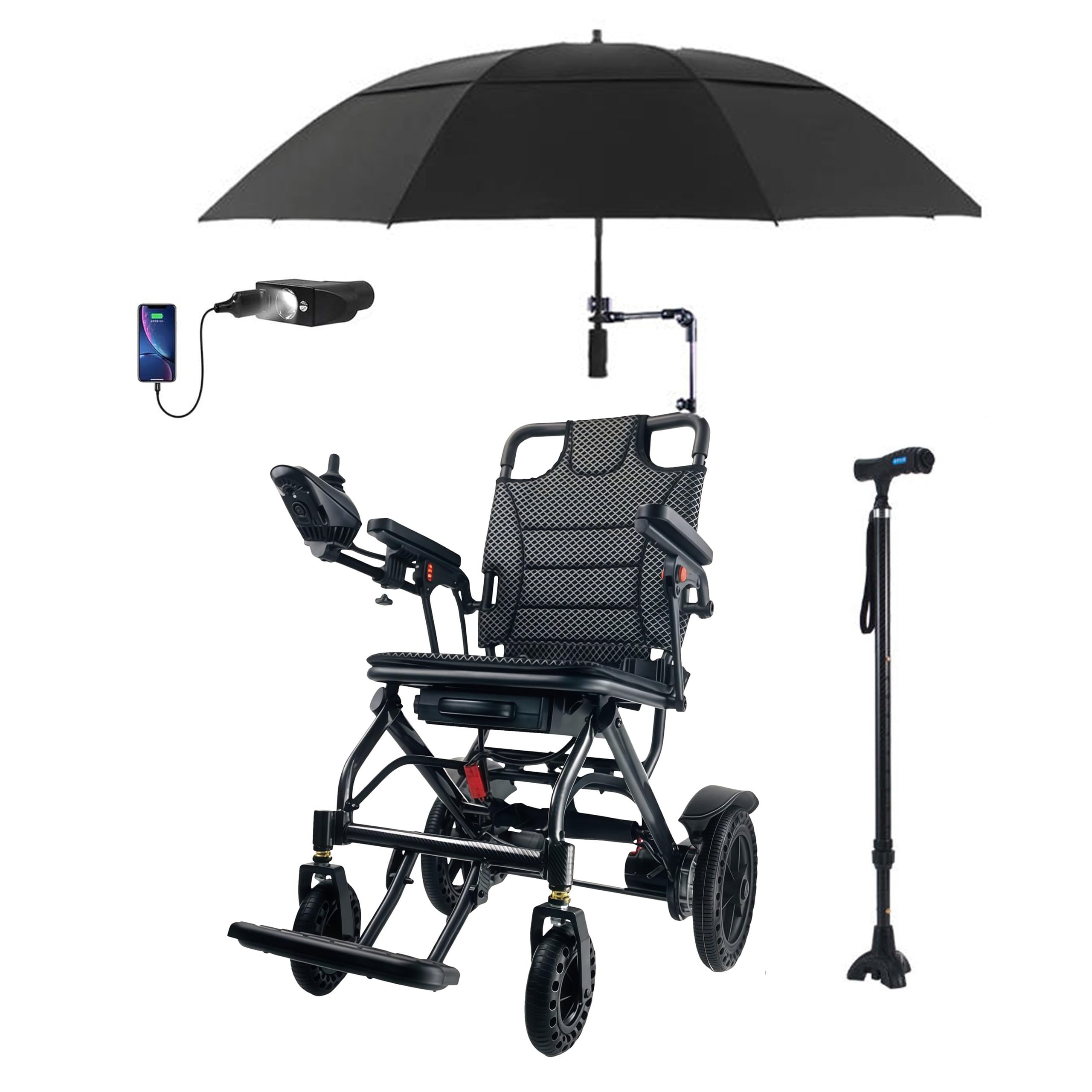 Silla de ruedas eléctrica motorizada móvil ligera de carbono-aluminio, tamaño para viajes todo terreno, capacidad 150kg, incluyendo paraguas, bastón y luz USB,10ah