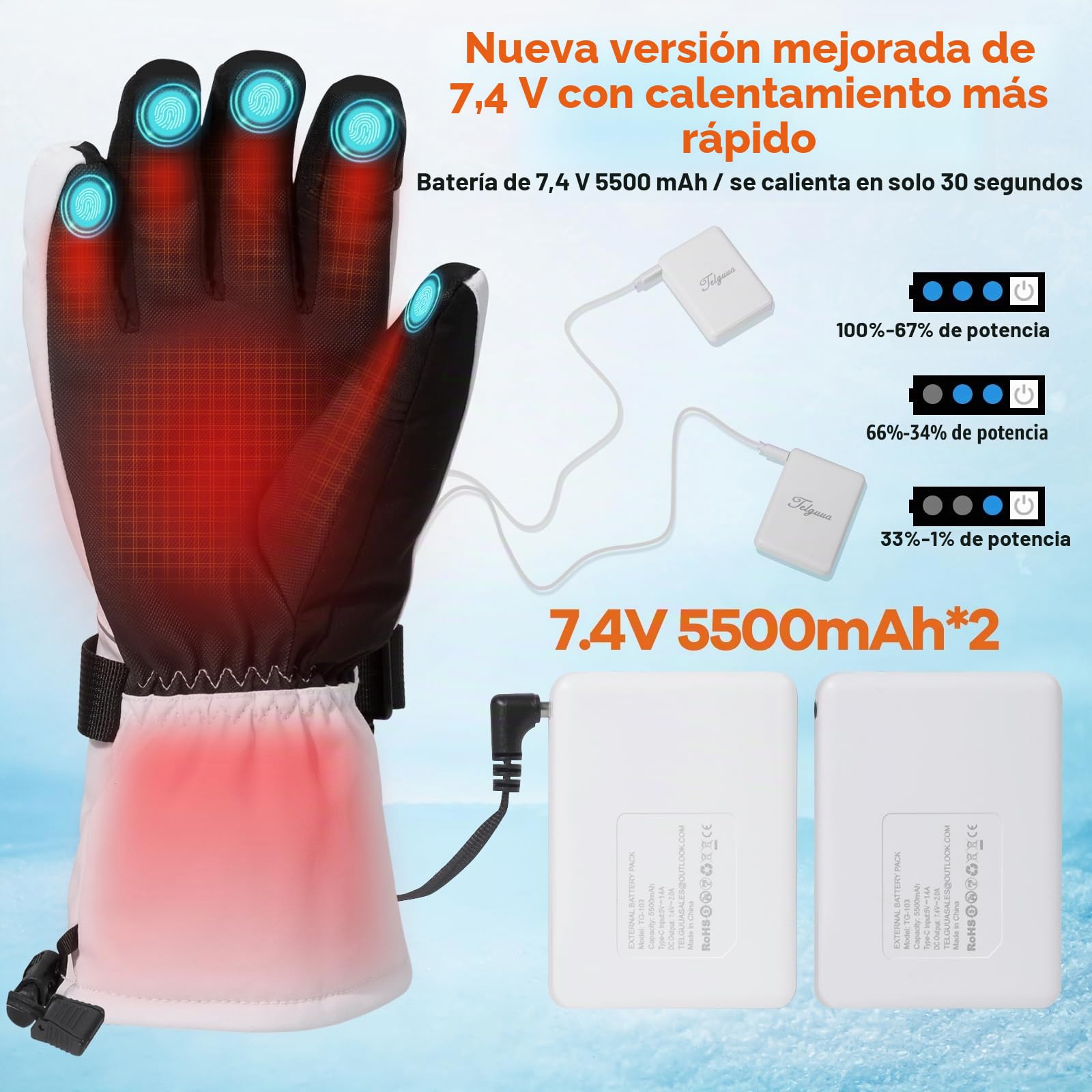 Telguua Guantes Calefactables para Hombre Mujer con Batería de 5500mAh 7.4V Recargables Eléctricamente,3 Temperaturas Ajustables Pantalla Táctil Gruesos Impermeables a Prueba de Viento para Exteriores