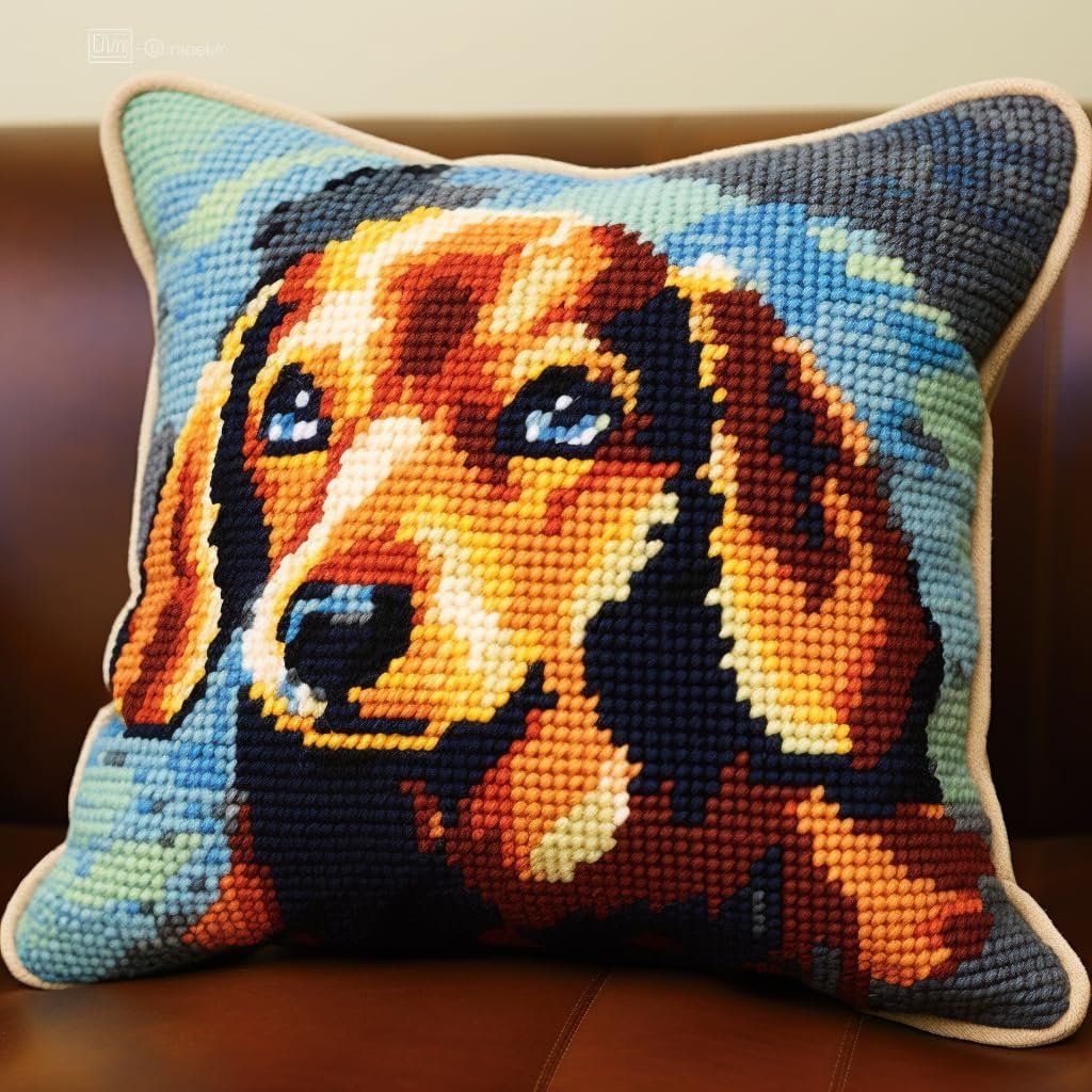 Brown Dachshund Latch Hook Pillow Kits for Beginner Needle Crochet Yarn Kits with Stamped Canvas Embroidery Cushion DIY Hook and Latch Throw Pillow Sofa Decoration 43x43cm