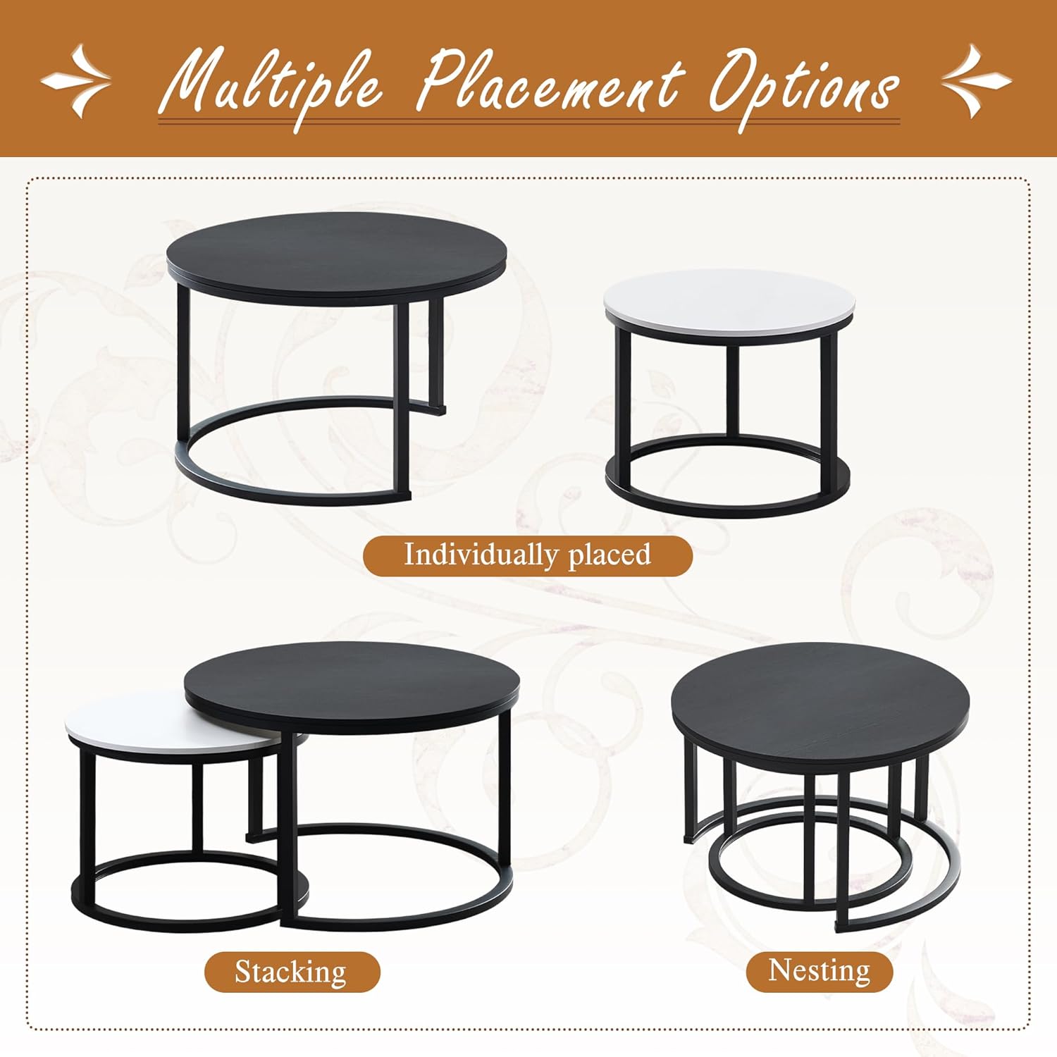 Jerry & Maggie Nesting Tables for Small Spaces 27.5" Round Industrial Farmhouse Set of 2 Coffee Table, Space-Saving Living Room, Bedside, Apartment Furniture (Black and White)