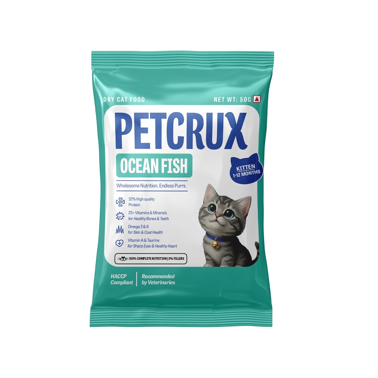 Petcrux Dry Kitten Cat Food, Ocean Fish Flavor, with Omega 3 & 6 and Taurine, Complete & Balanced Nutrition for Growing Kittens, Trial Pack 50 g