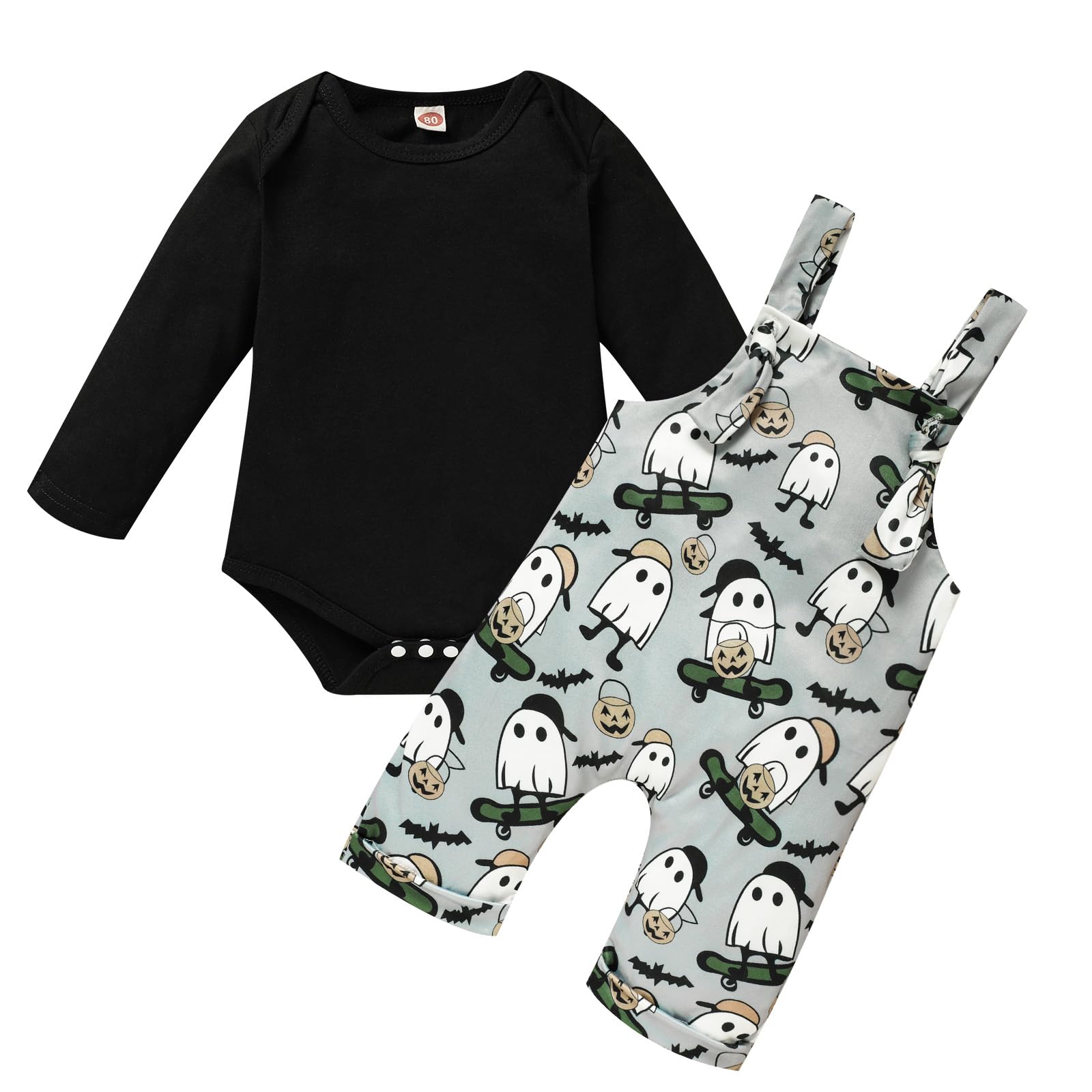 ZOELNIC Newborn Baby Halloween Outfits Infant Soild Color Romper+Pumpkin Print Suspender Pants 2Pcs Fall Winter Clothes Set