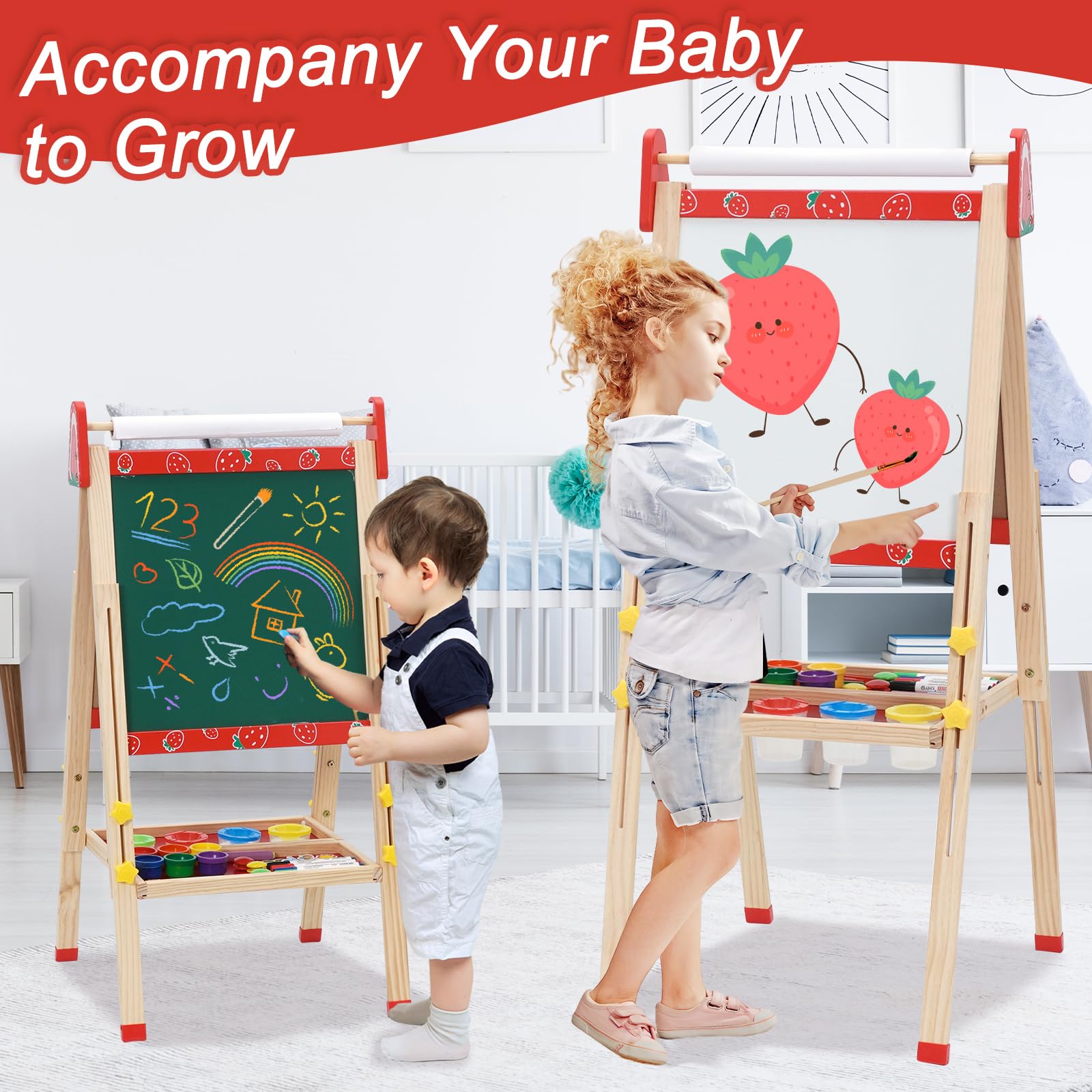 3 in 1 Lavagna per Bambini Cavalletto Pittura a Doppia Faccia con Rotolo di Carta, Altezza Regolabile 95-125cm Lavagna Pieghevole Multiattività con Vassoio di Stoccaggio e 100+ Accessoris da Disegno