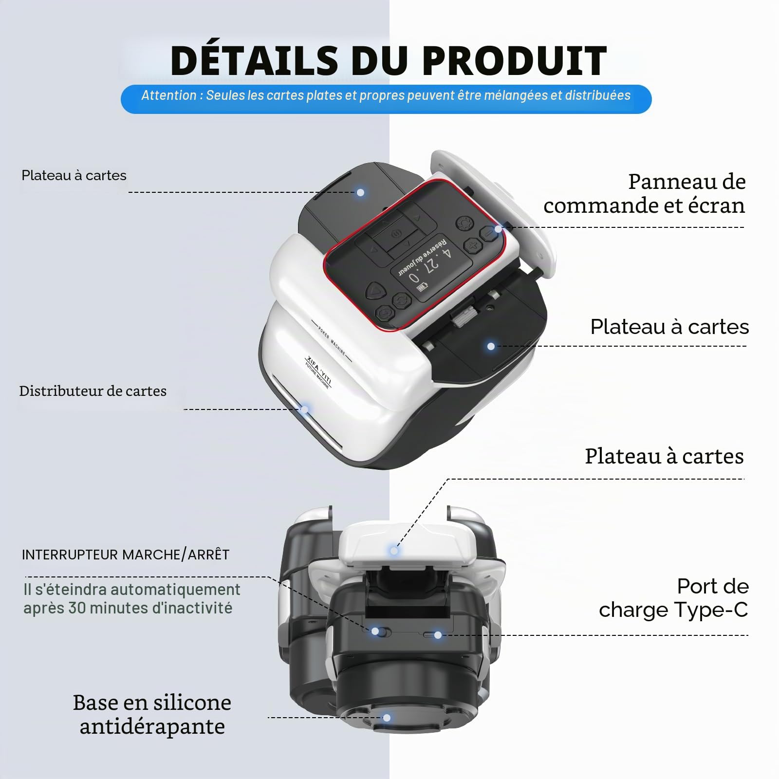 Automatique Mélangeurs de Cartes et Distributeur 2 en1, Distributeur de Carte Automatique Rechargeable, Silencieux, Distributeur de Cartes à Jouer Rotation 360° pour UNO, Poker et Texas Hold'em