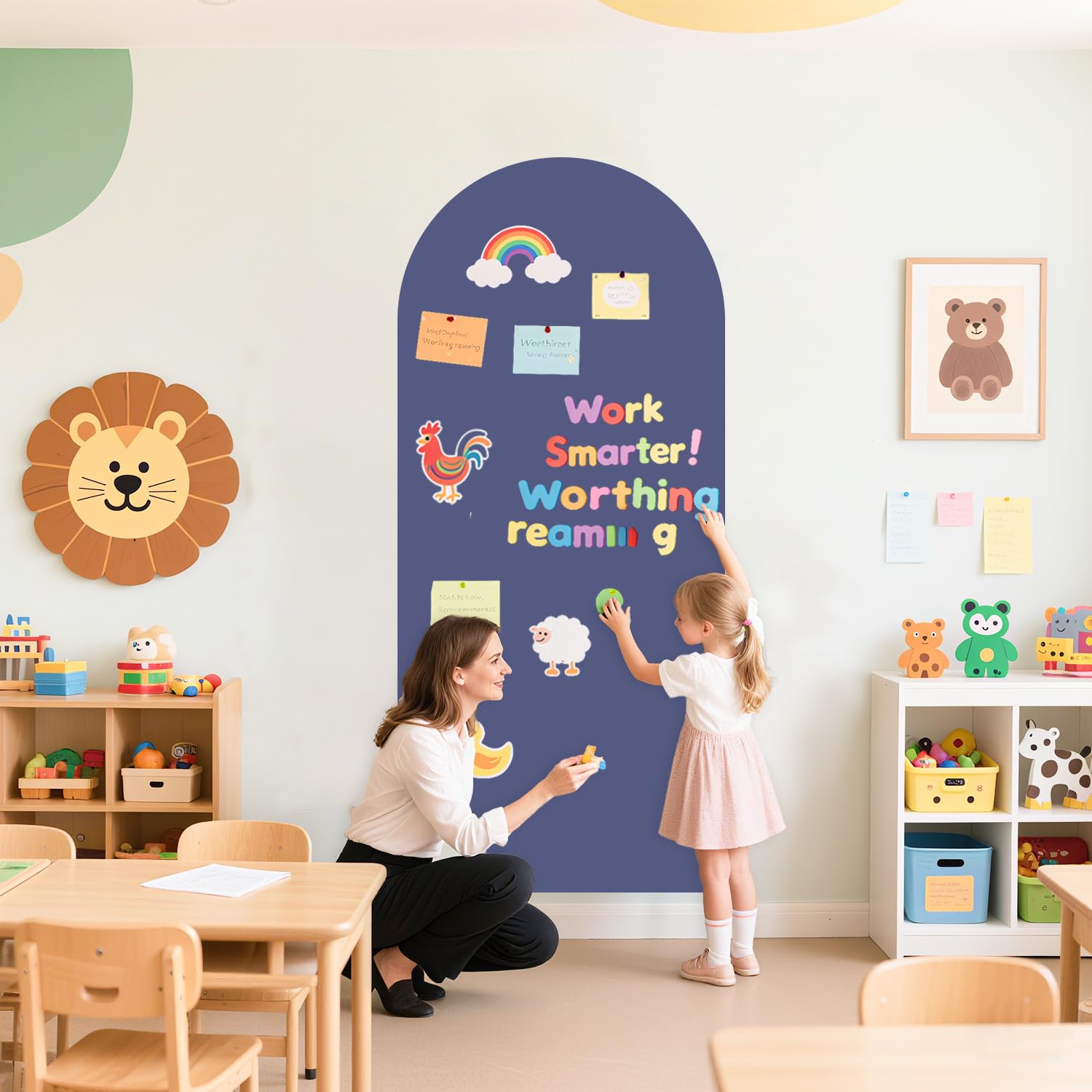 FOTSHARER Tableau mural magnétique - 100 x 45 cm - En forme d'arc - Amovible et adhésif - Pour salle de jeux et salle de classe - Bleu poussière