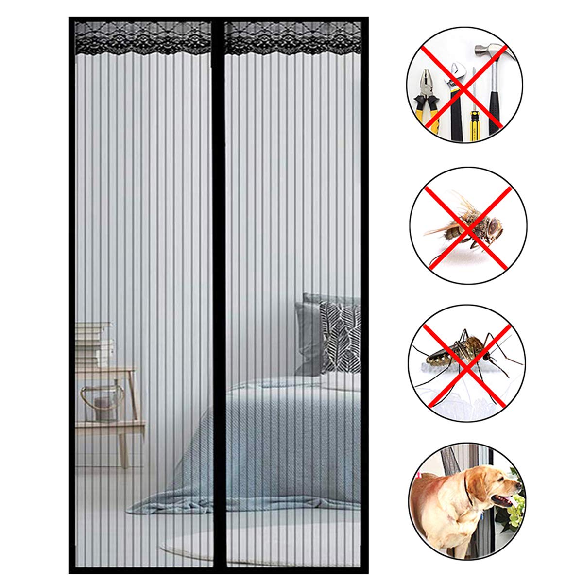 Amzero Black Door Screen Magnetic Closure, 170X230cm Bug Off Screen Door Anti Mosquito Bugs Closes Automatically For Keep Bugs Fly Out,