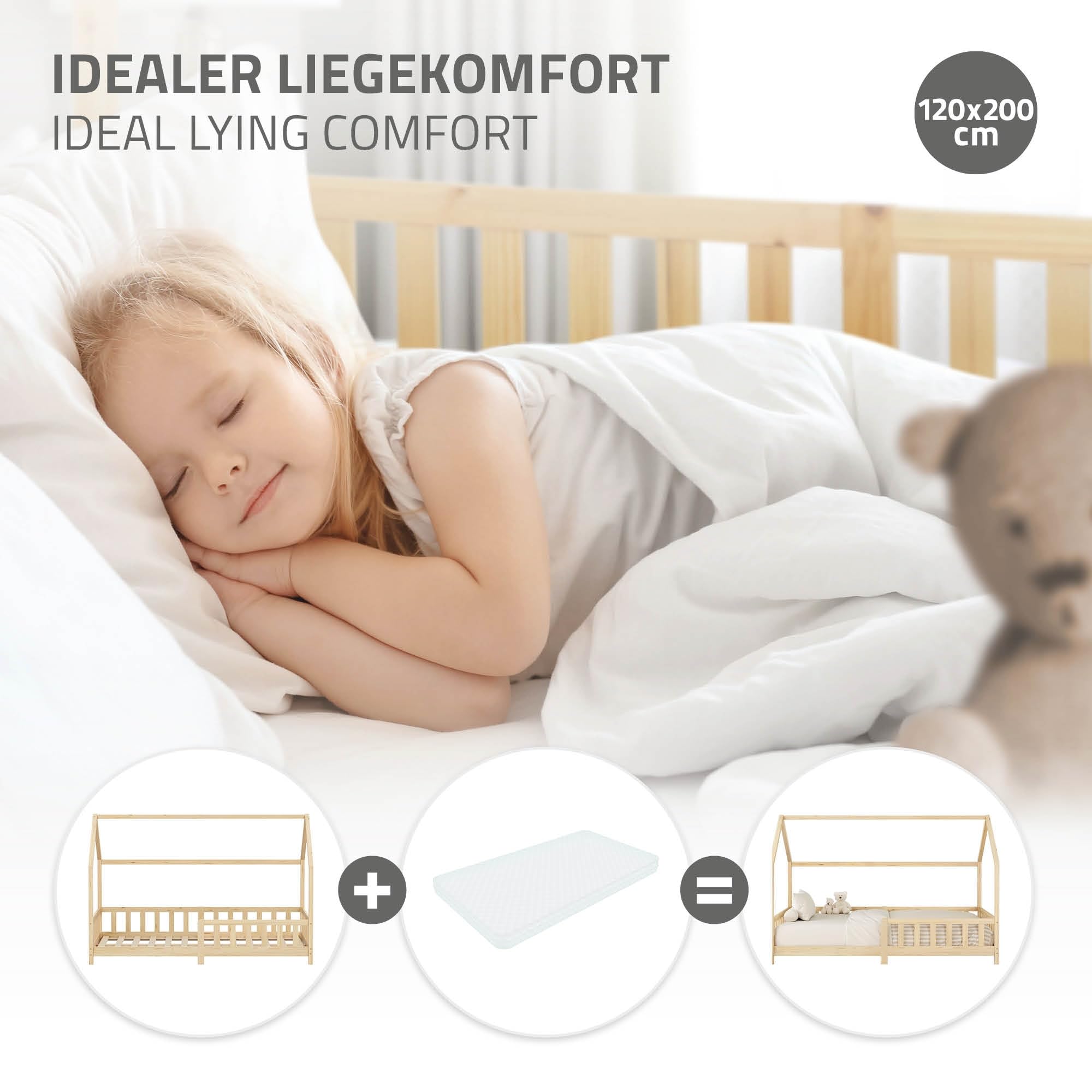 ML-Design Letto a Casetta per Bambini 120x200 cm con Protezione Anticaduta, Tetto e Rete a Doghe, Naturale, Letto a Terra Montessori in Legno Massello di Pino, Letto Singolo per Cameretta